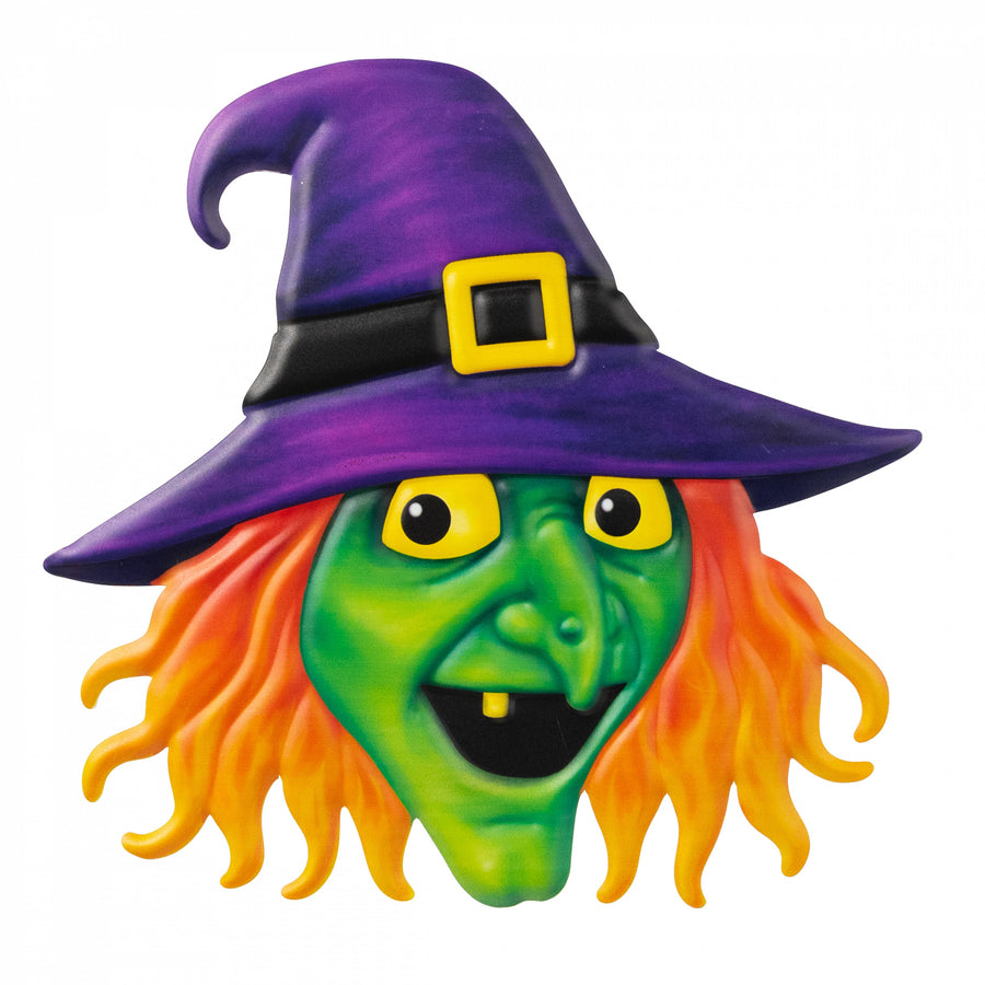 12" Embossed Metal Witch Head Decoration: Purple