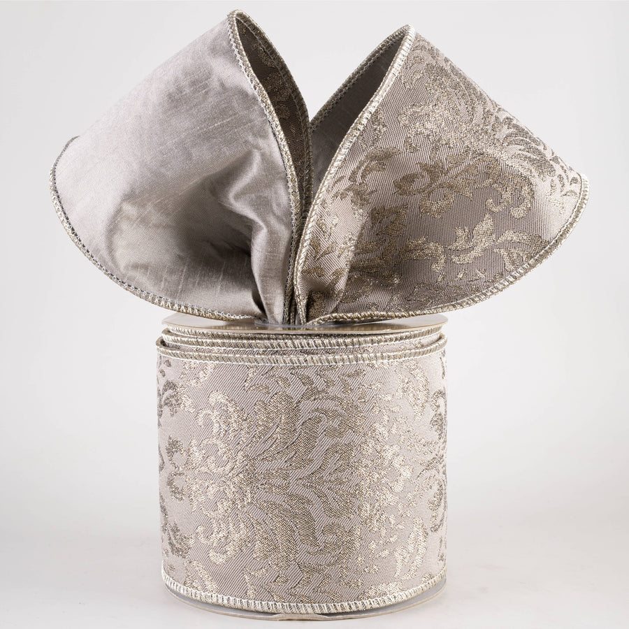 4" Designer Metallic Brocade Leaf Ribbon: Platinum (10 Yards)
