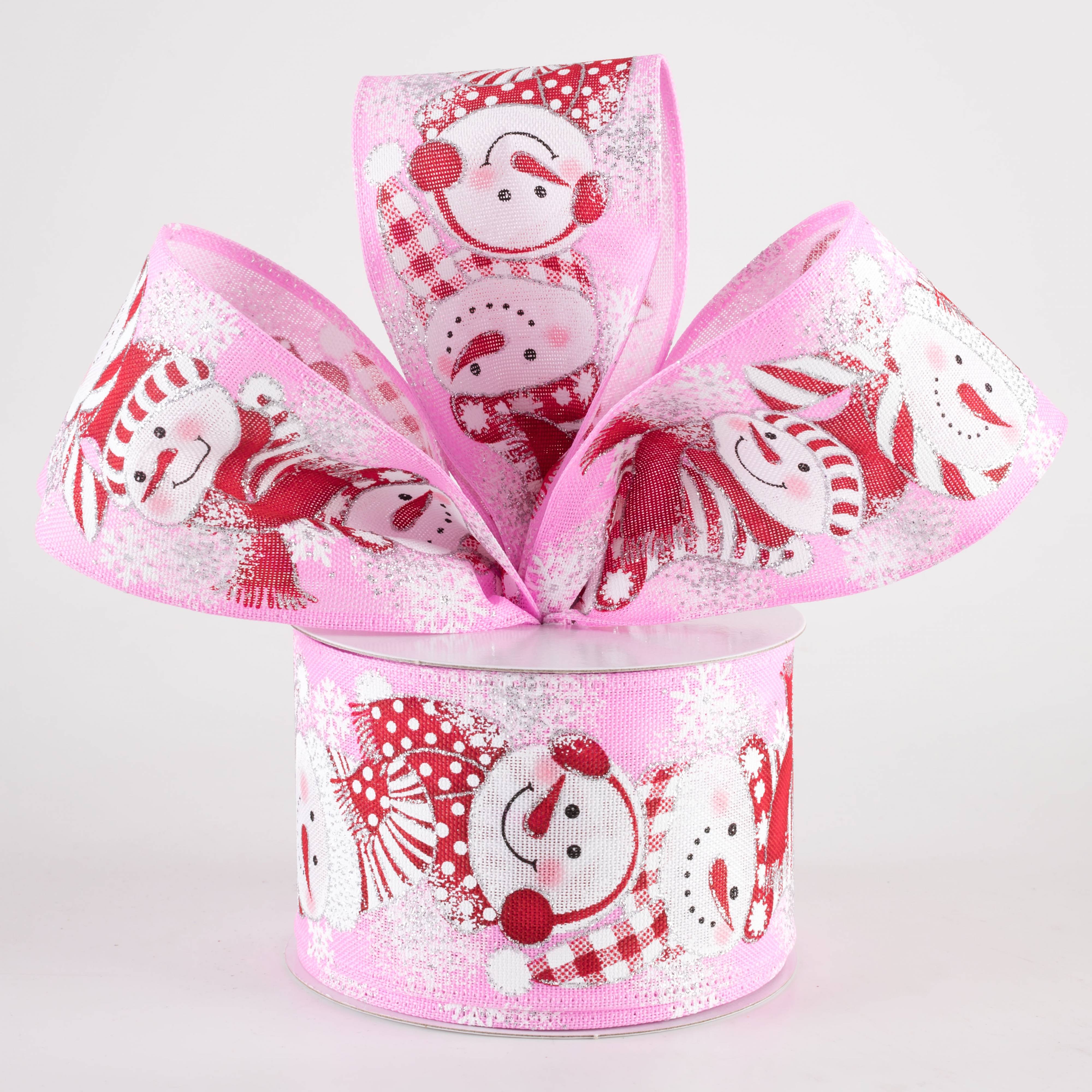2.5" Linen Snowmen in Earmuffs Ribbon: Pink (10 Yards)