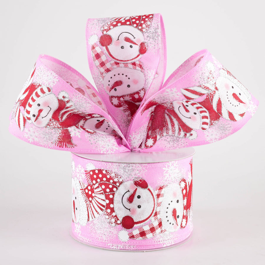 2.5" Linen Snowmen in Earmuffs Ribbon: Pink (10 Yards)
