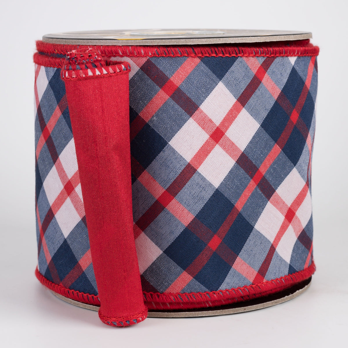 4" Bias Cut Plaid & Dupioni Fused Ribbon: Navy Blue, White & Red (10 Yards) Item Number: RR0084