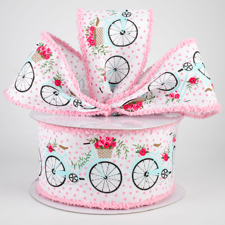 2.5" Bicycles & Blooms Chenille Edge Ribbon: White (10 Yards) Lifestyle Photo