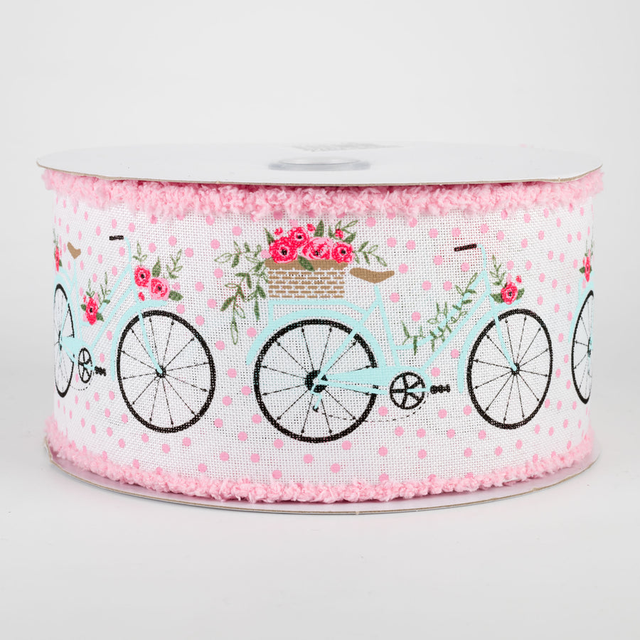 2.5" Bicycles & Blooms Chenille Edge Ribbon: White (10 Yards)
