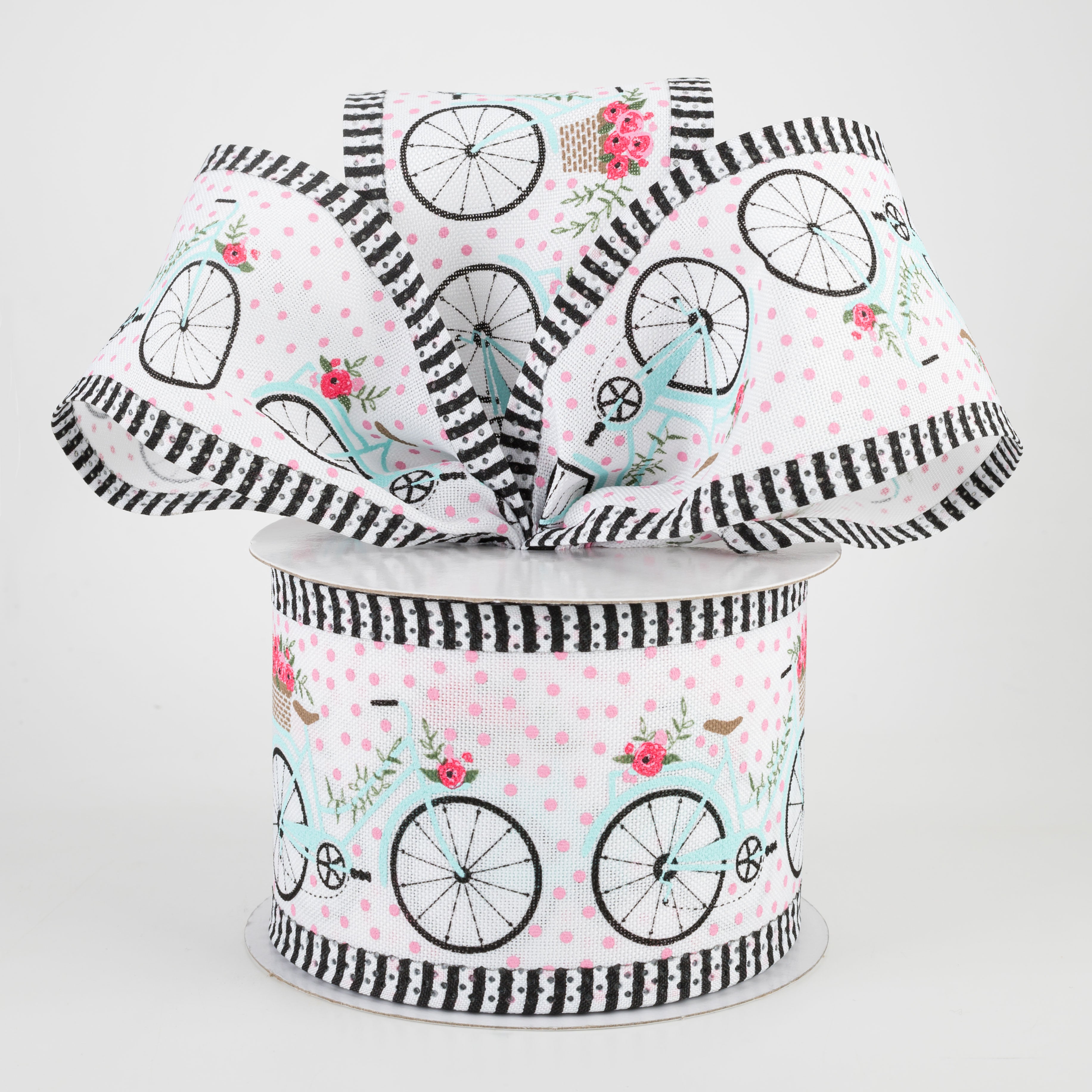 2.5" Bicycles & Blooms Stripe Edge Ribbon: White (10 Yards) Lifestyle Photo
