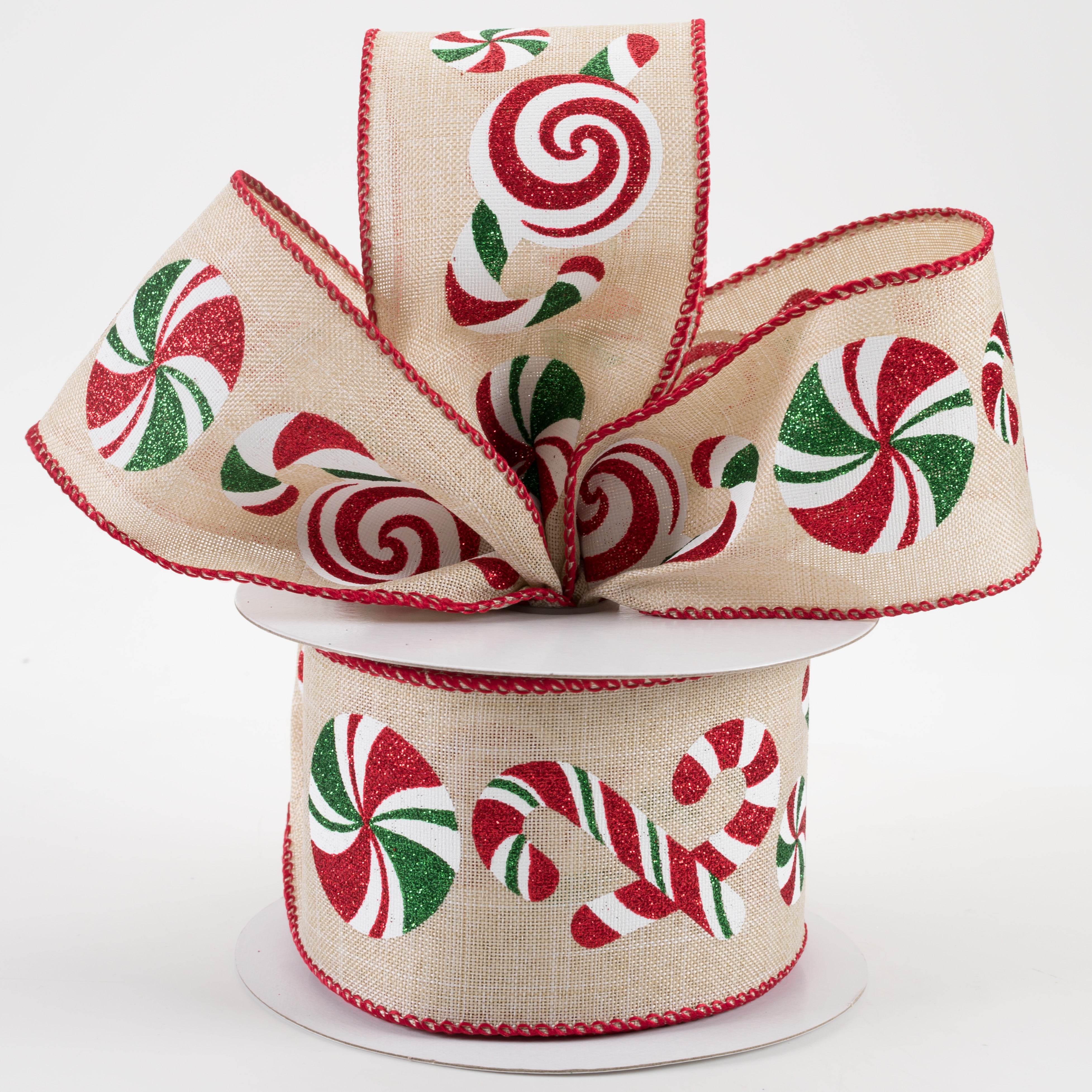 2.5" Big Christmas Candy Cane Linen Ribbon: Natural (10 Yards) Lifestyle Photo