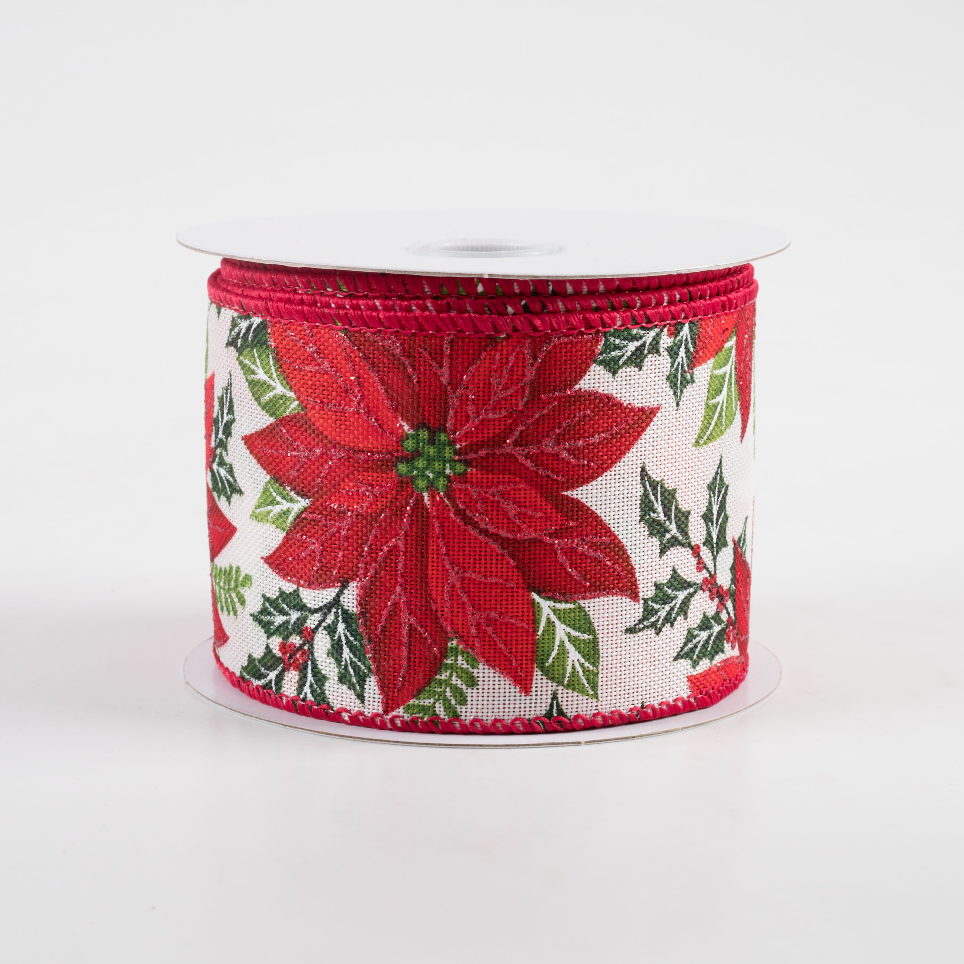 2.5" Big Red Glitter Poinsettias Ribbon (10 Yards)