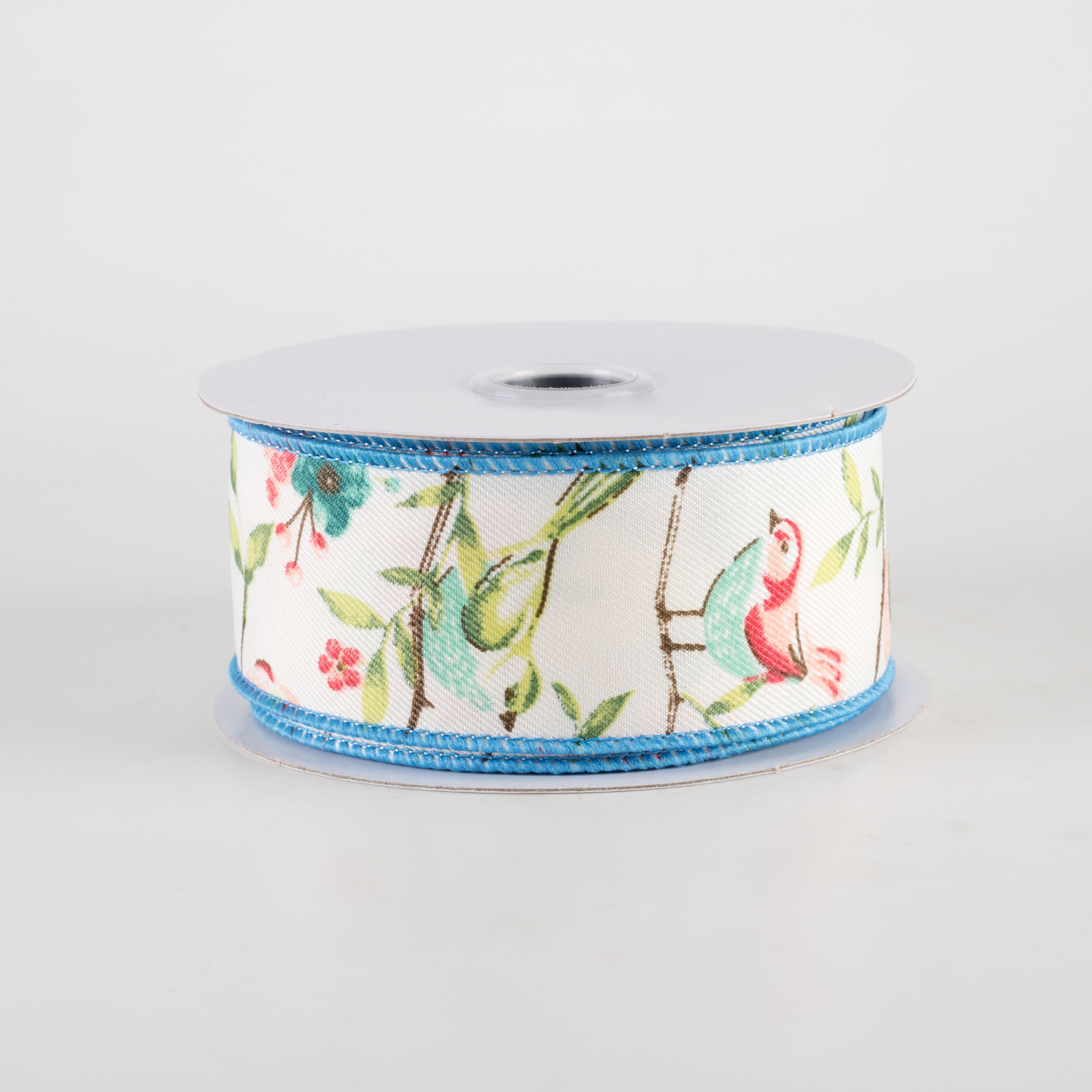 1.5" Birds With Floral Branches Ribbon: Ivory, Green, Teal, Rose (10 Yards)