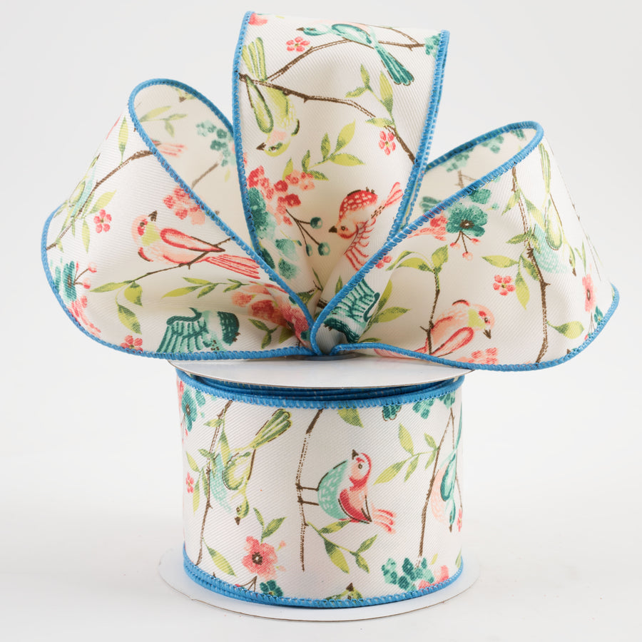 2.5" Birds With Floral Branches Ribbon: Ivory, Green, Teal, Rose (10 Yards) Lifestyle Photo