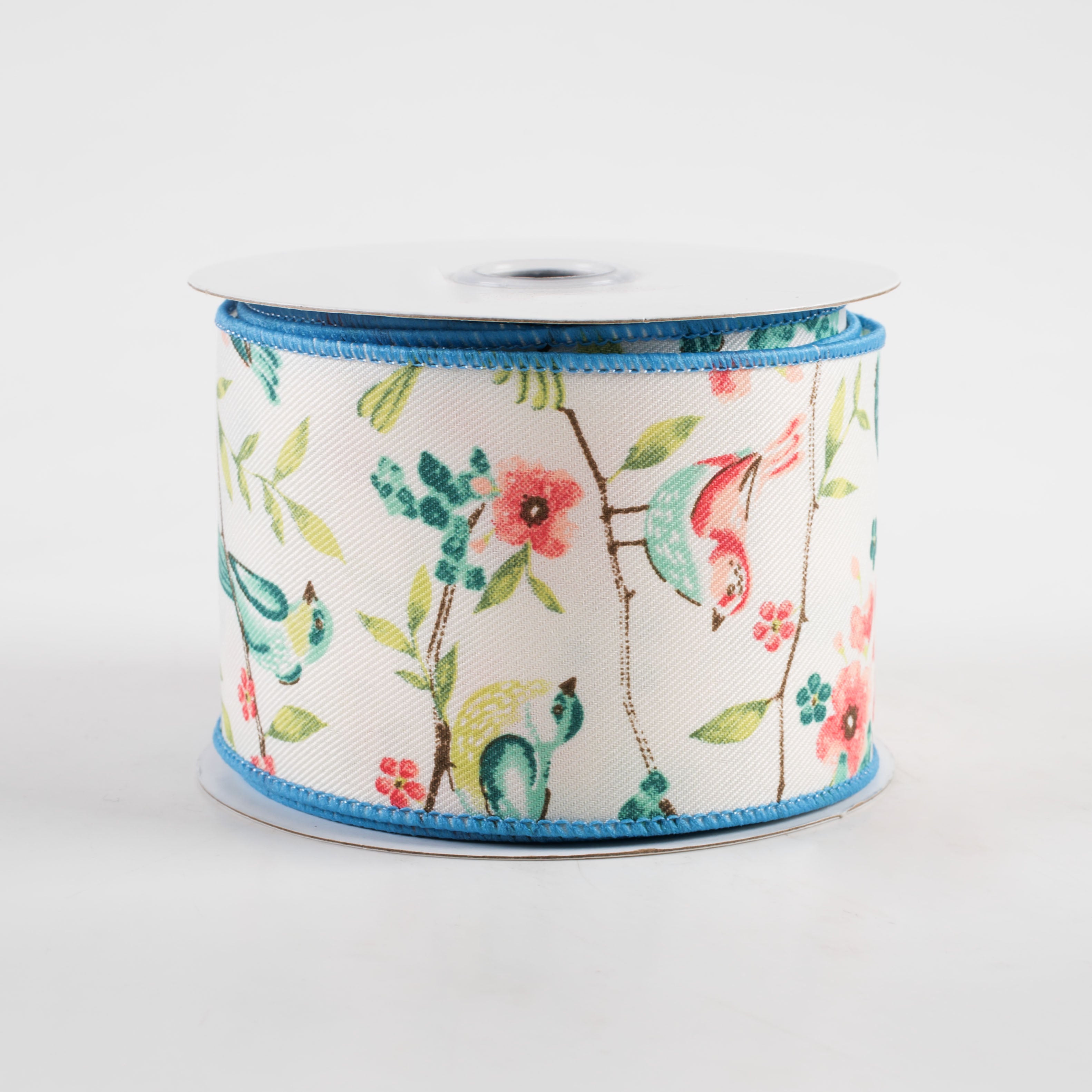 2.5" Birds With Floral Branches Ribbon: Ivory, Green, Teal, Rose (10 Yards)