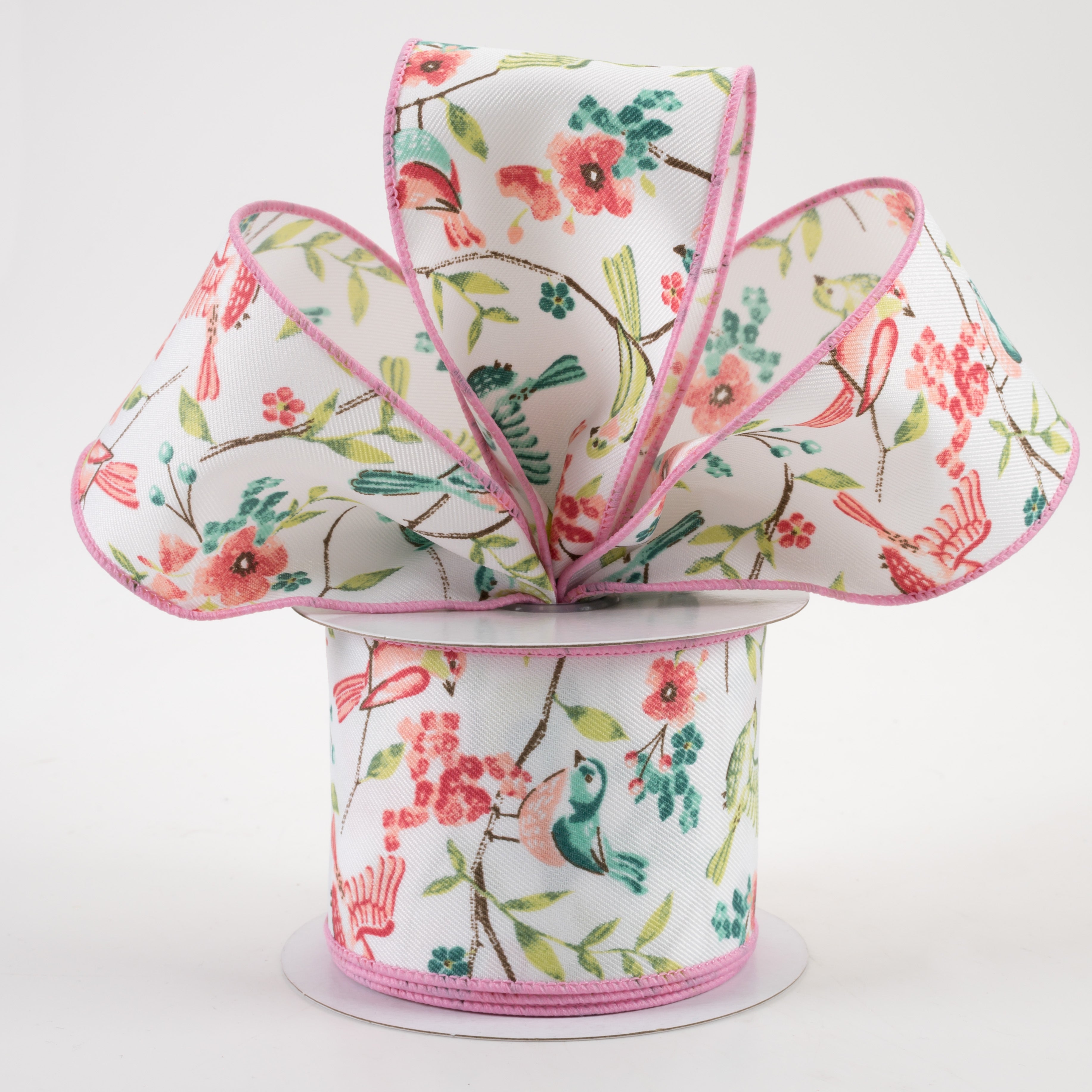 2.5" Birds With Floral Branches Ribbon: White, Peach, Teal, Green (10 Yards) Lifestyle Photo