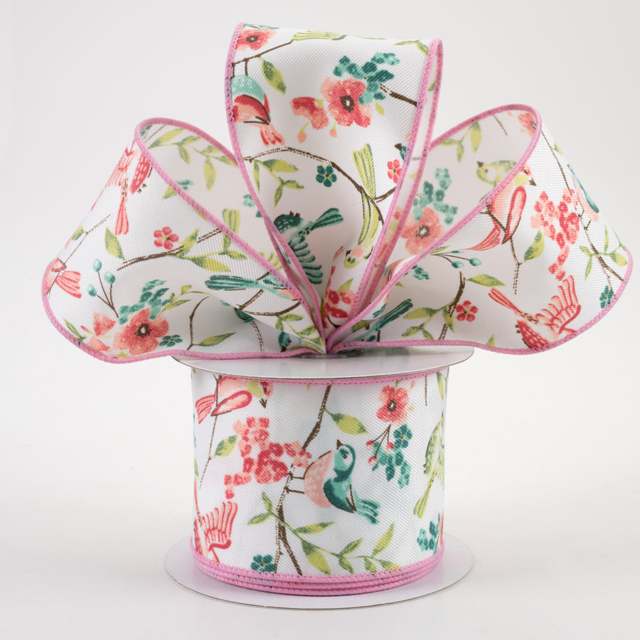 2.5" Birds With Floral Branches Ribbon: White, Peach, Teal, Green (10 Yards) Lifestyle Photo