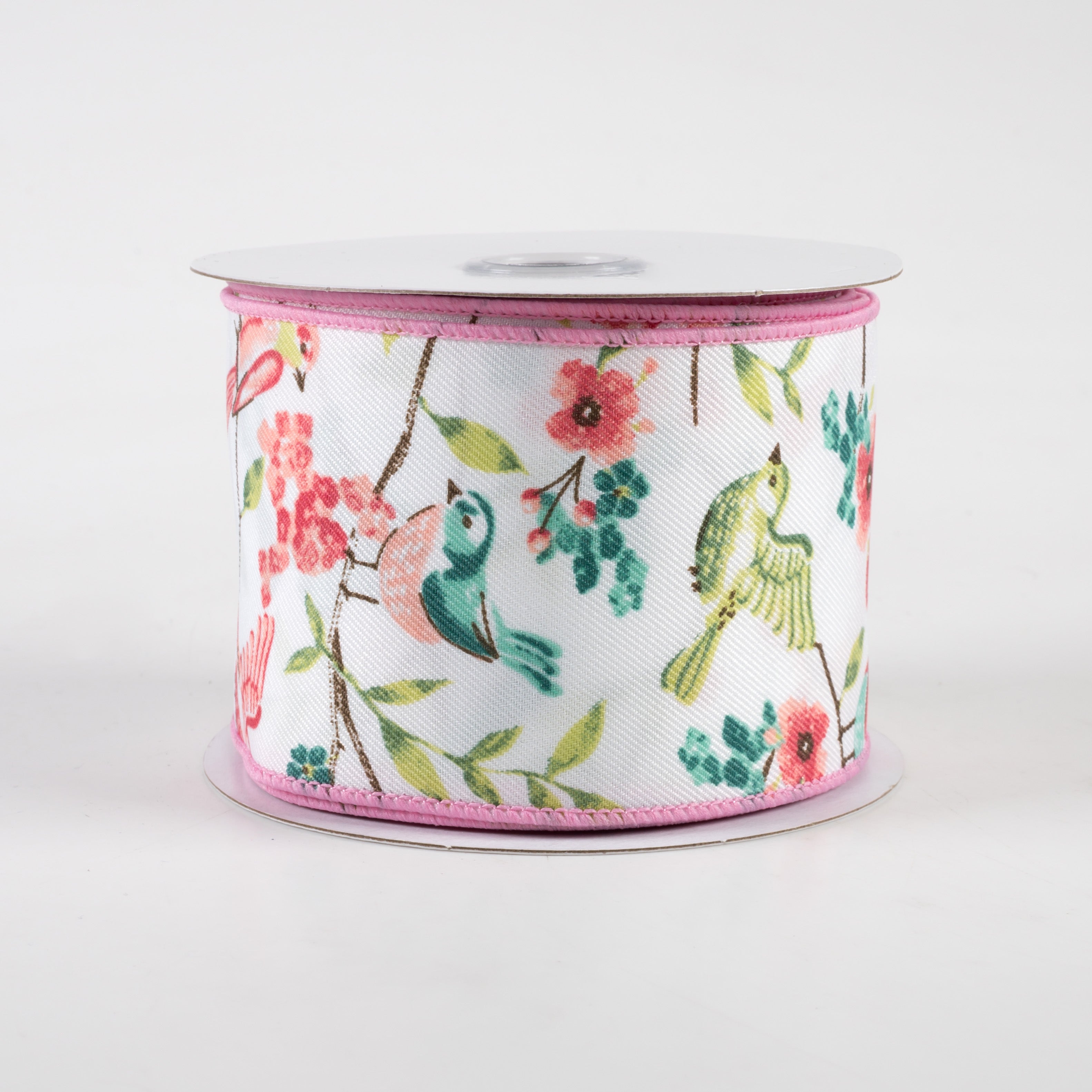 2.5" Birds With Floral Branches Ribbon: White, Peach, Teal, Green (10 Yards)