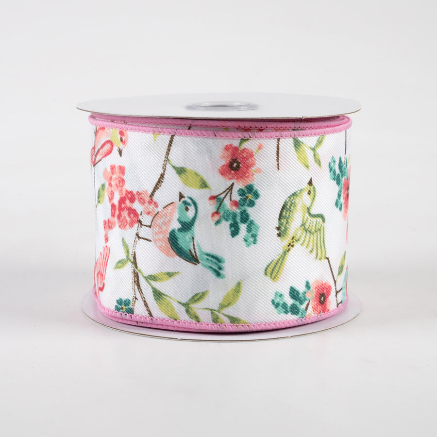 2.5" Birds With Floral Branches Ribbon: White, Peach, Teal, Green (10 Yards)