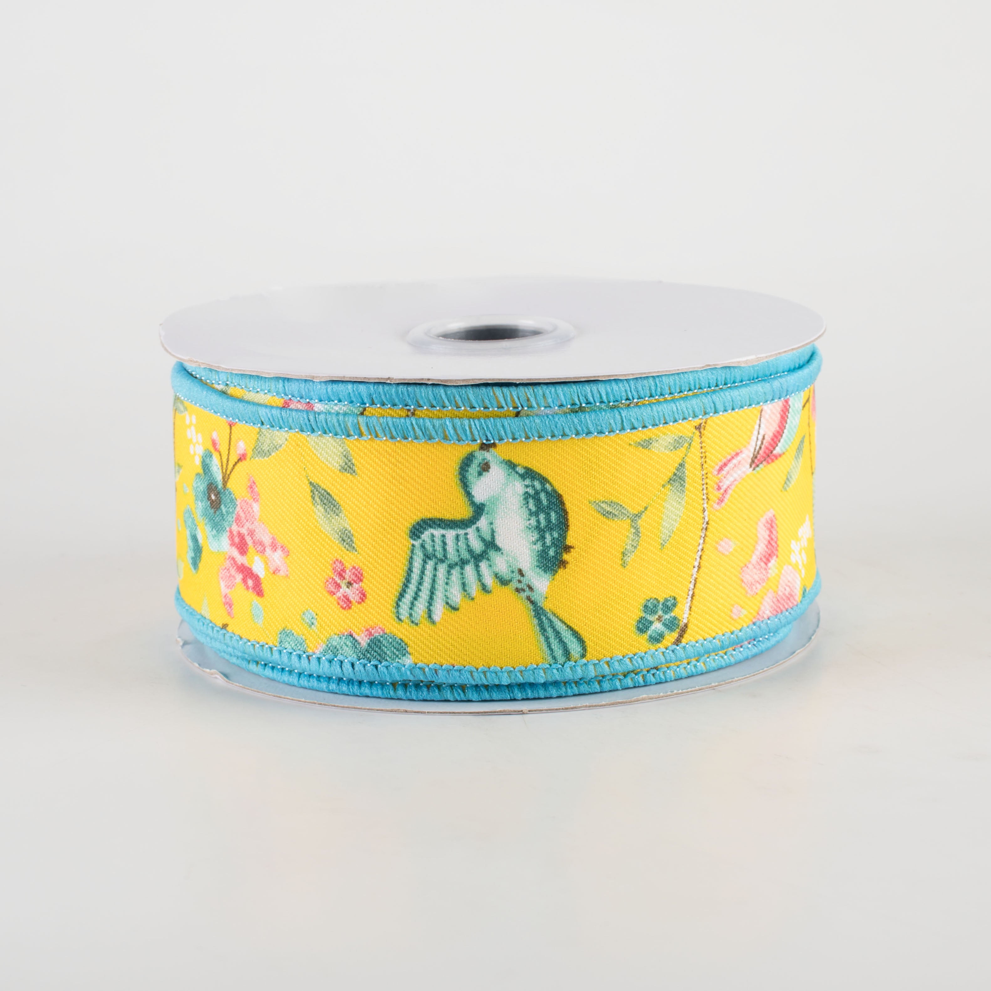 1.5" Birds With Floral Branches Ribbon: Yellow, Turquoise, Pink (10 Yards)