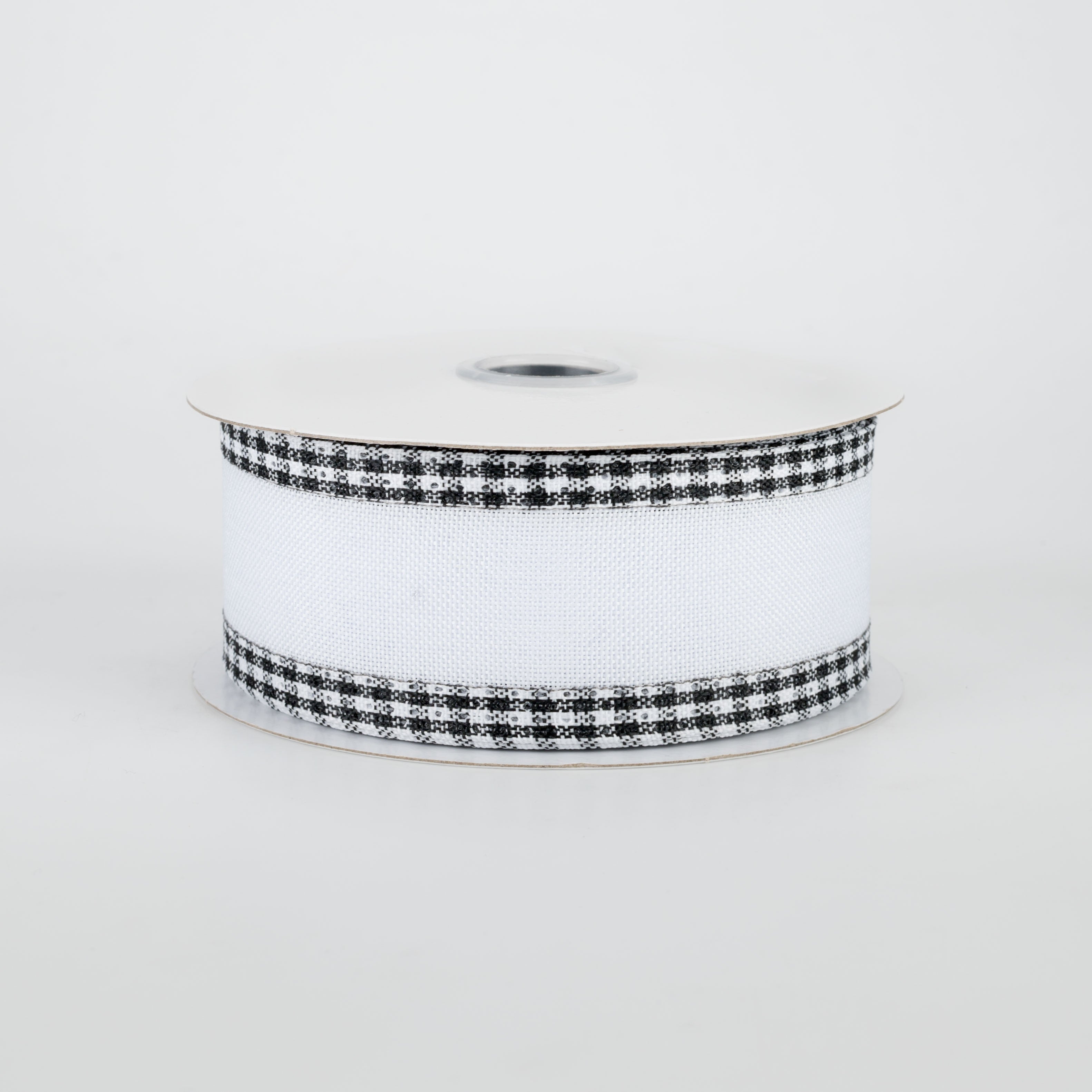 1.5" Black Gingham Edge Ribbon: White (10 Yards)