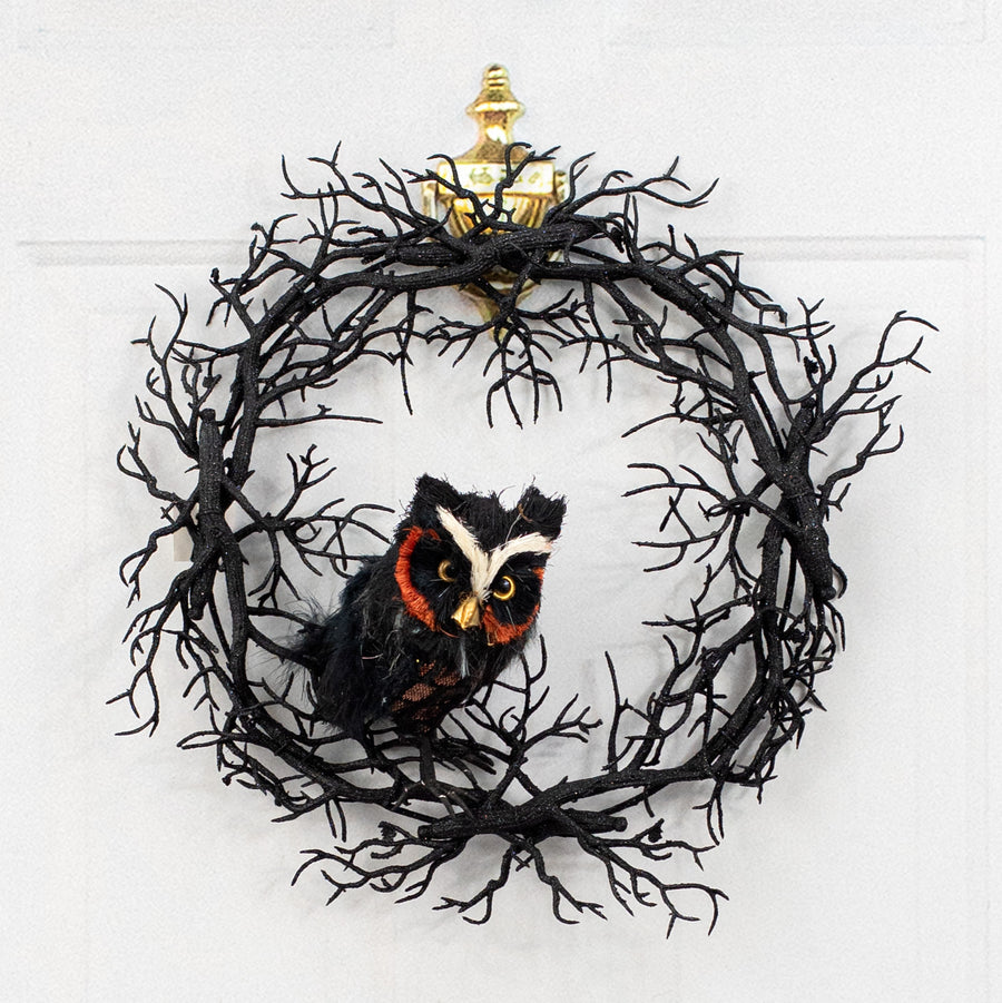 20" Black Glittered Wispy Twigs Wreath Lifestyle Photo