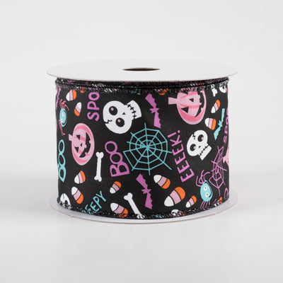 2.5" Black Satin Halloween Icons Ribbon: Purple, Pink & Teal (10 Yards)