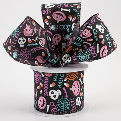 2.5" Black Satin Halloween Icons Ribbon: Purple, Pink & Teal (10 Yards) Lifestyle Photo