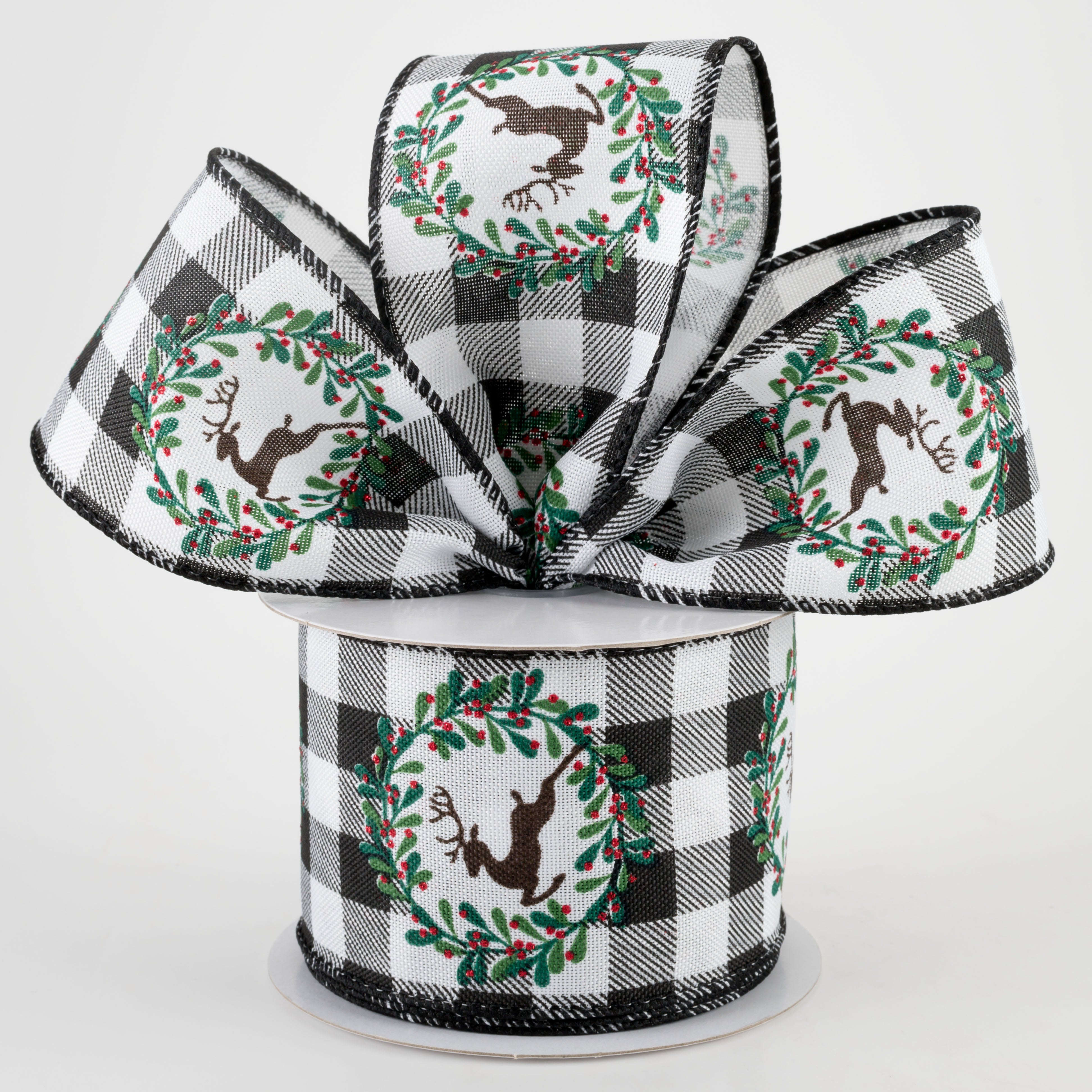 2.5" Black & White Buffalo Plaid Deer Wreath Ribbon (10 Yards) Lifestyle Photo