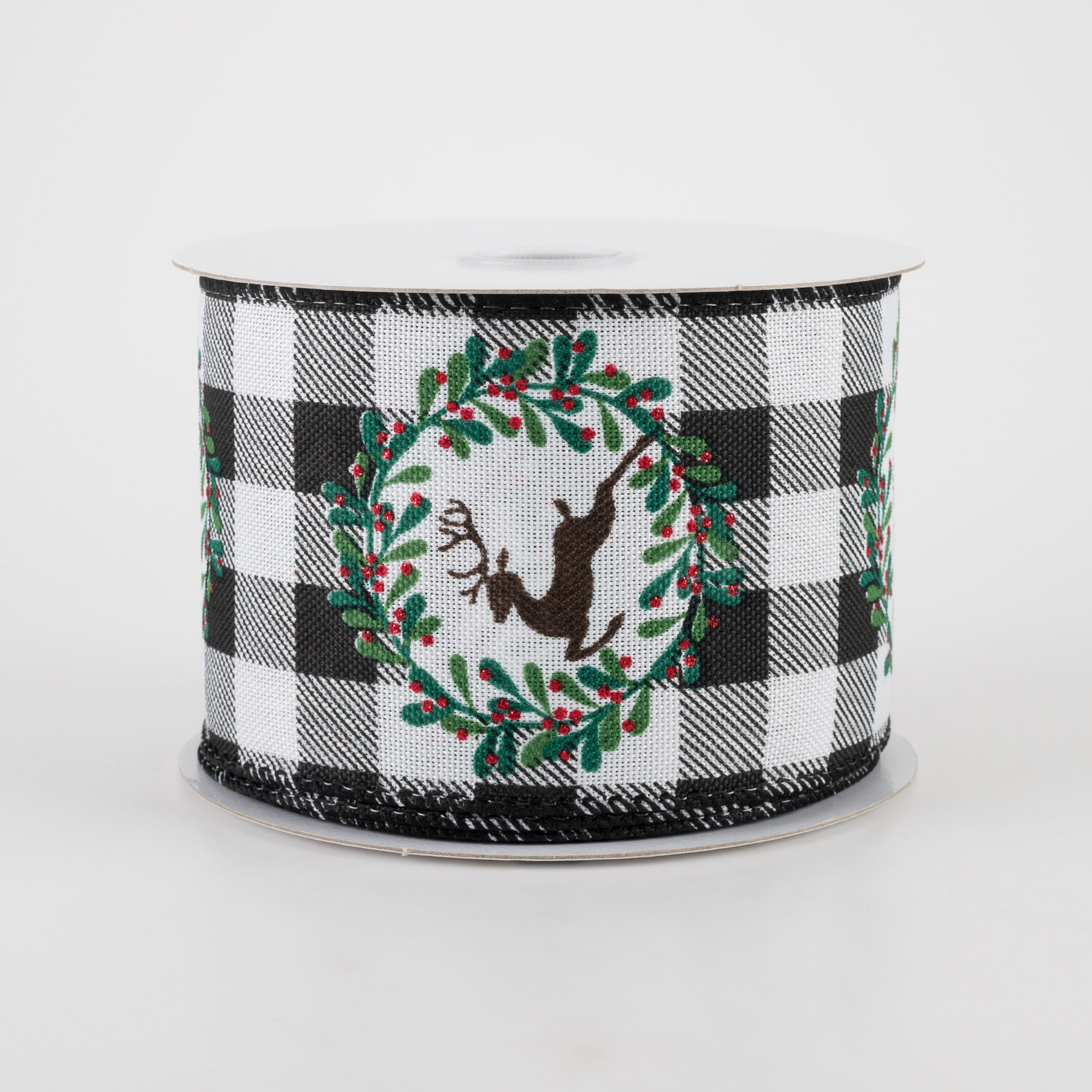 2.5" Black & White Buffalo Plaid Deer Wreath Ribbon (10 Yards) Item Number: 71189-40-01