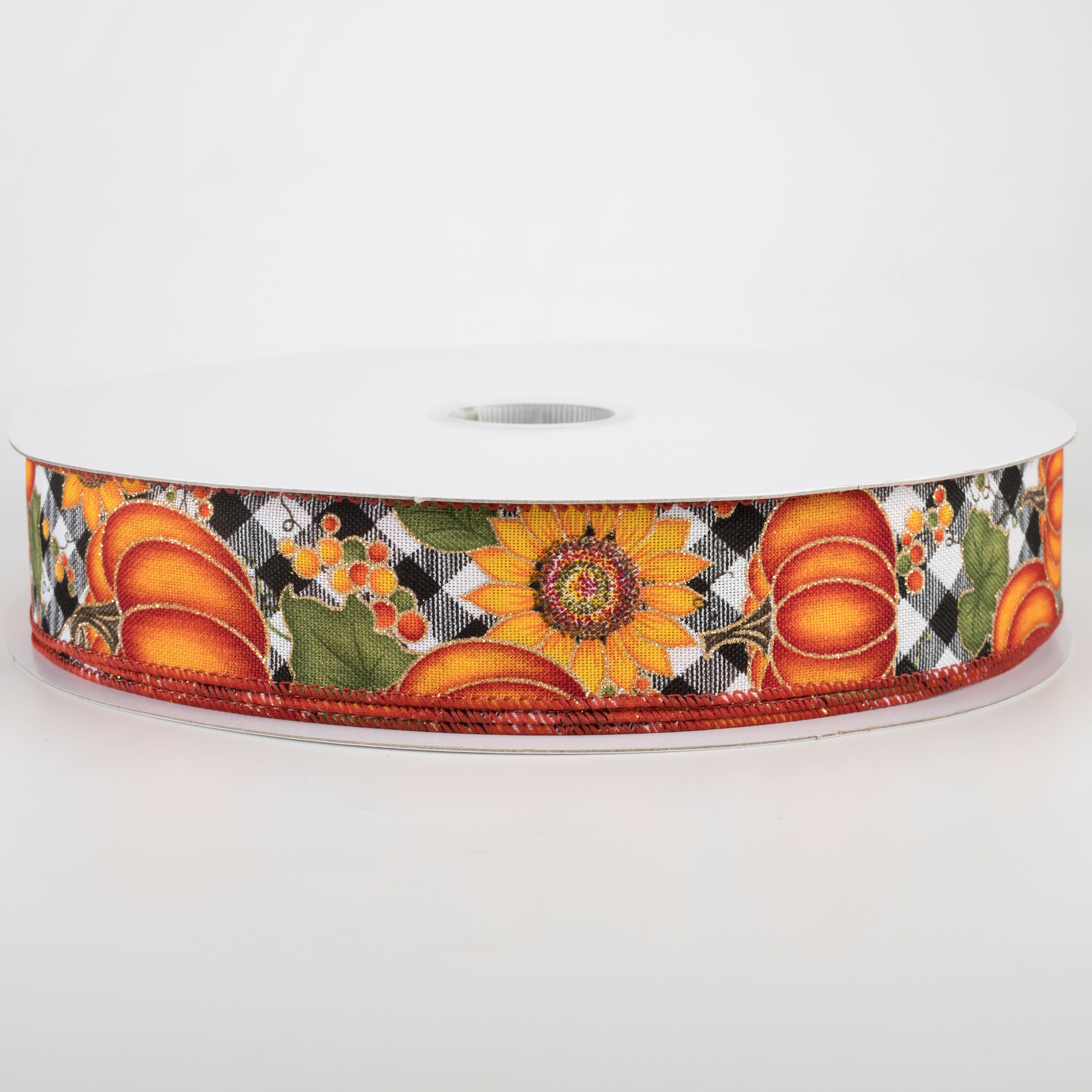 1.5" Black & White Buffalo Plaid Pumpkin, Sunflower Ribbon (50 Yards)