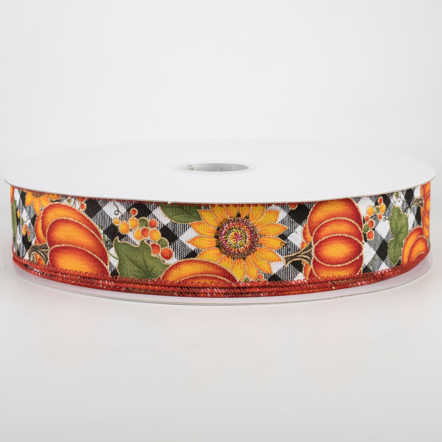1.5" Black & White Buffalo Plaid Pumpkin, Sunflower Ribbon (50 Yards)