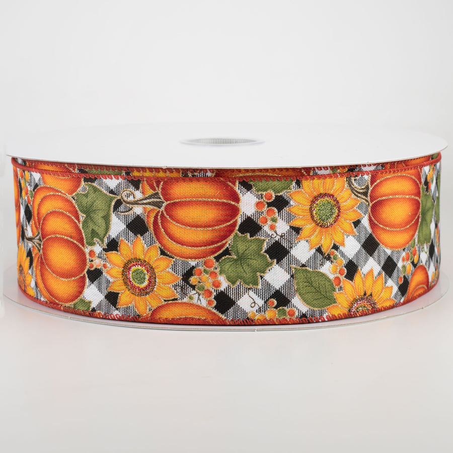 2.5" Black & White Buffalo Plaid Pumpkin, Sunflower Ribbon (50 Yards)