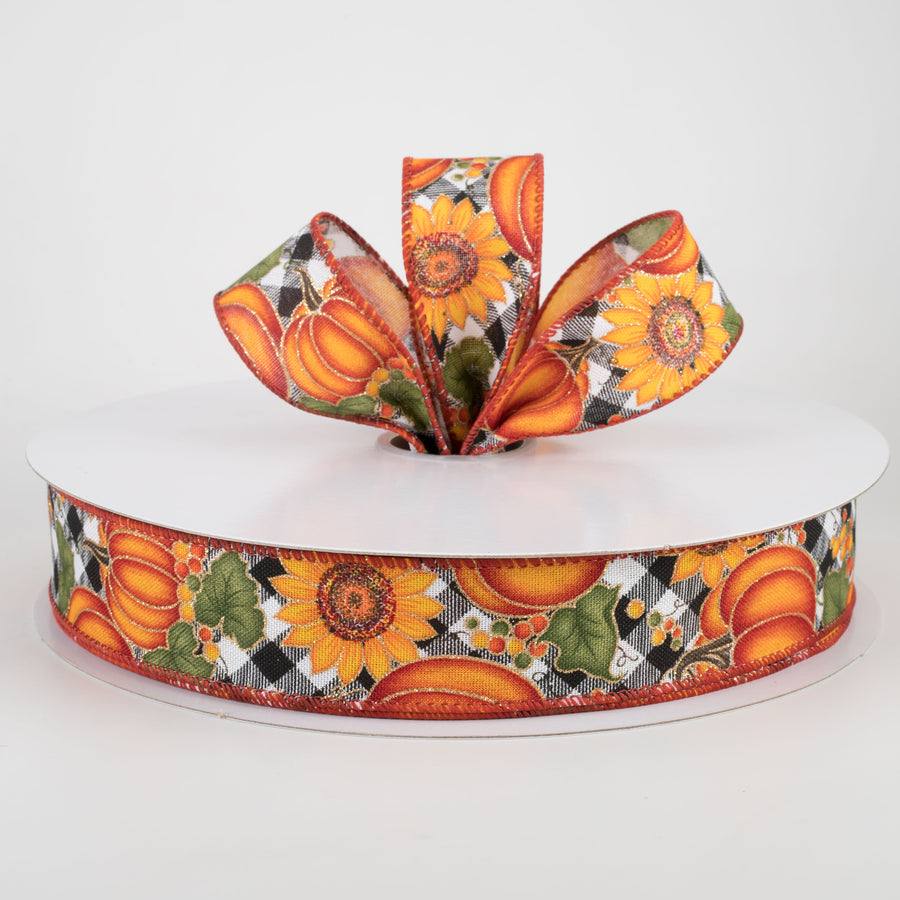 1.5" Black & White Buffalo Plaid Pumpkin, Sunflower Ribbon (50 Yards) Lifestyle Photo
