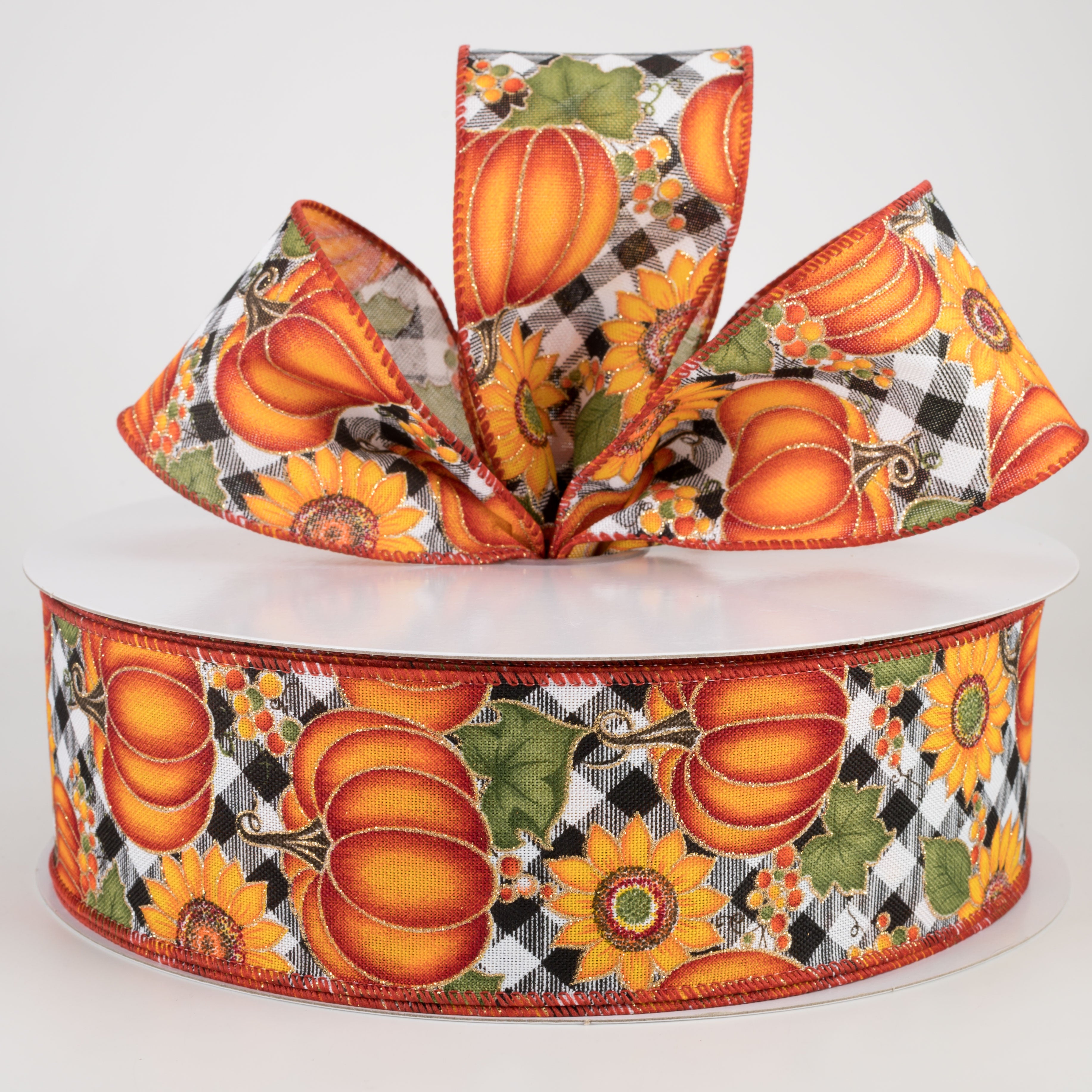 2.5" Black & White Buffalo Plaid Pumpkin, Sunflower Ribbon (50 Yards) Lifestyle Photo