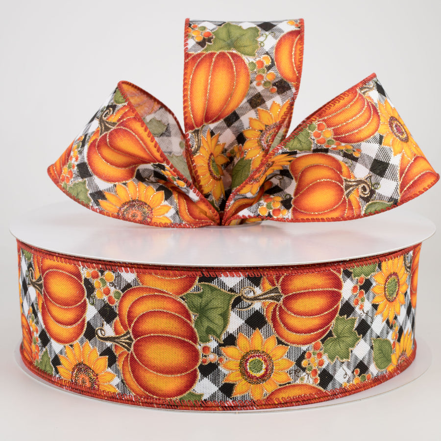 2.5" Black & White Buffalo Plaid Pumpkin, Sunflower Ribbon (50 Yards) Lifestyle Photo