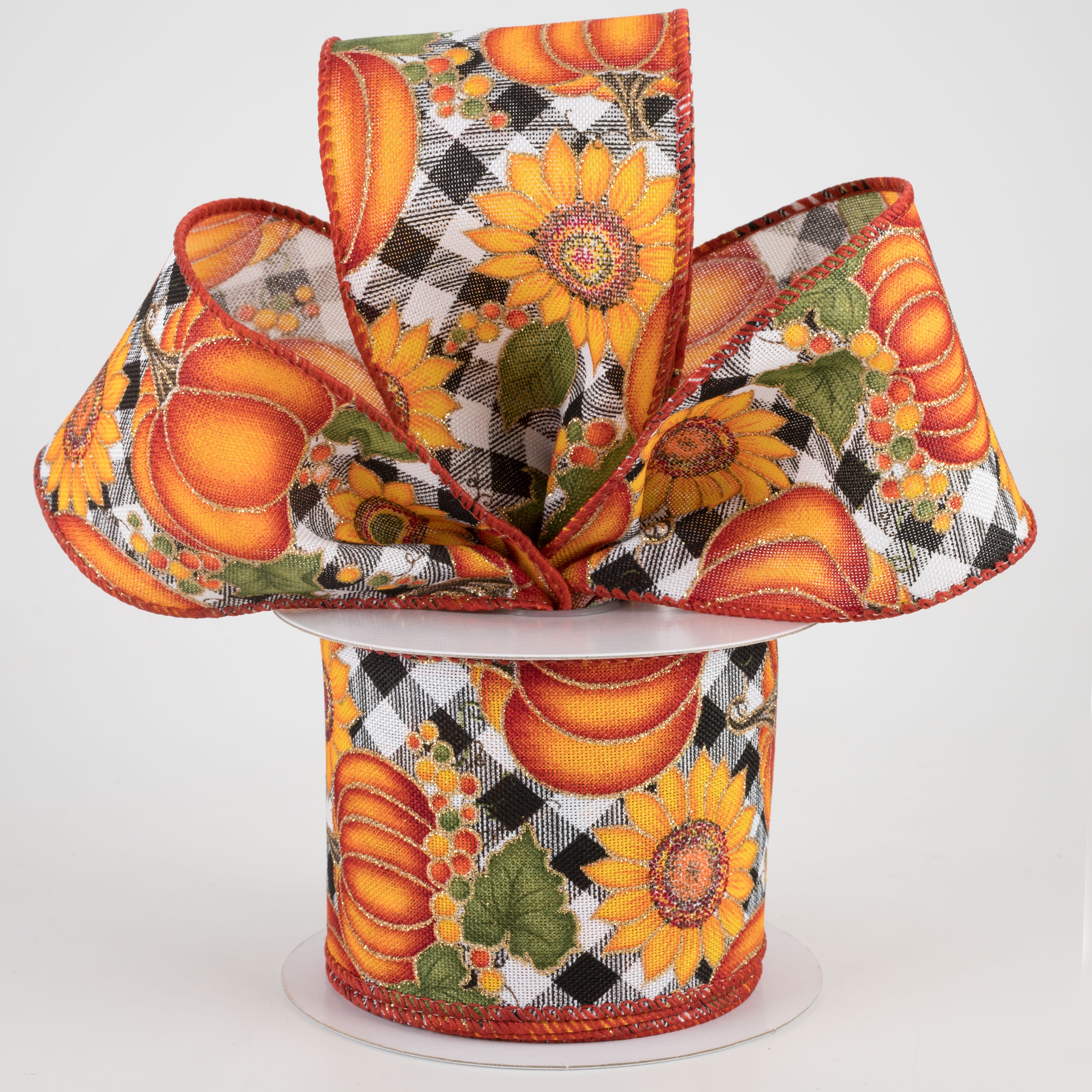 2.5" Black & White Buffalo Plaid Pumpkin, Sunflower Ribbon (10 Yards) Lifestyle Photo
