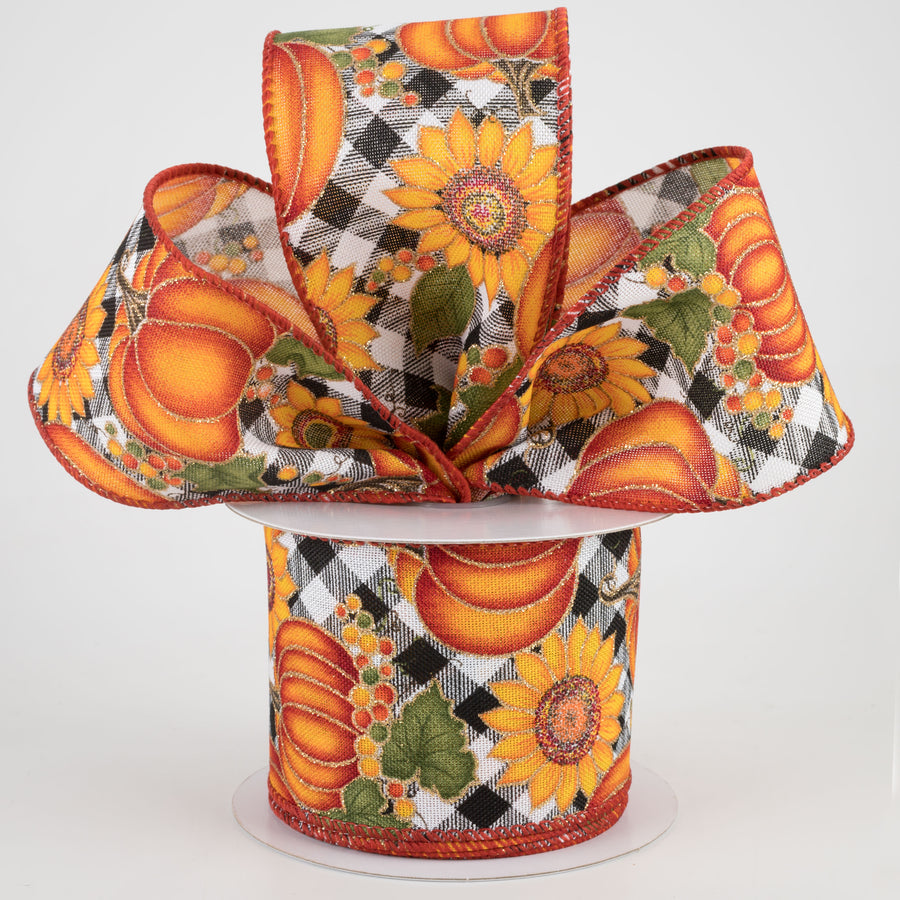 2.5" Black & White Buffalo Plaid Pumpkin, Sunflower Ribbon (10 Yards) Lifestyle Photo