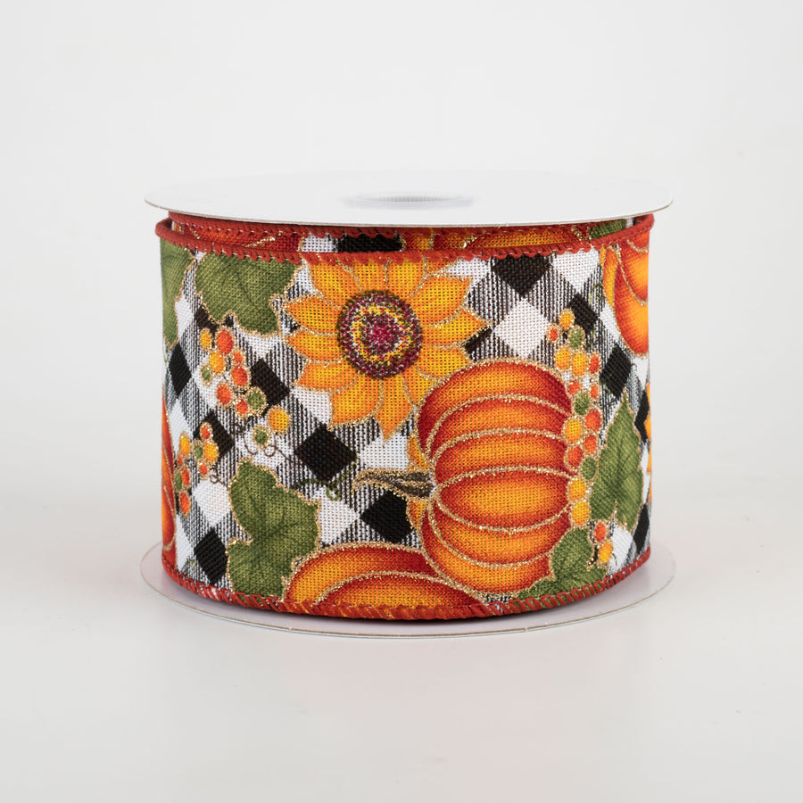 2.5" Black & White Buffalo Plaid Pumpkin, Sunflower Ribbon (10 Yards)