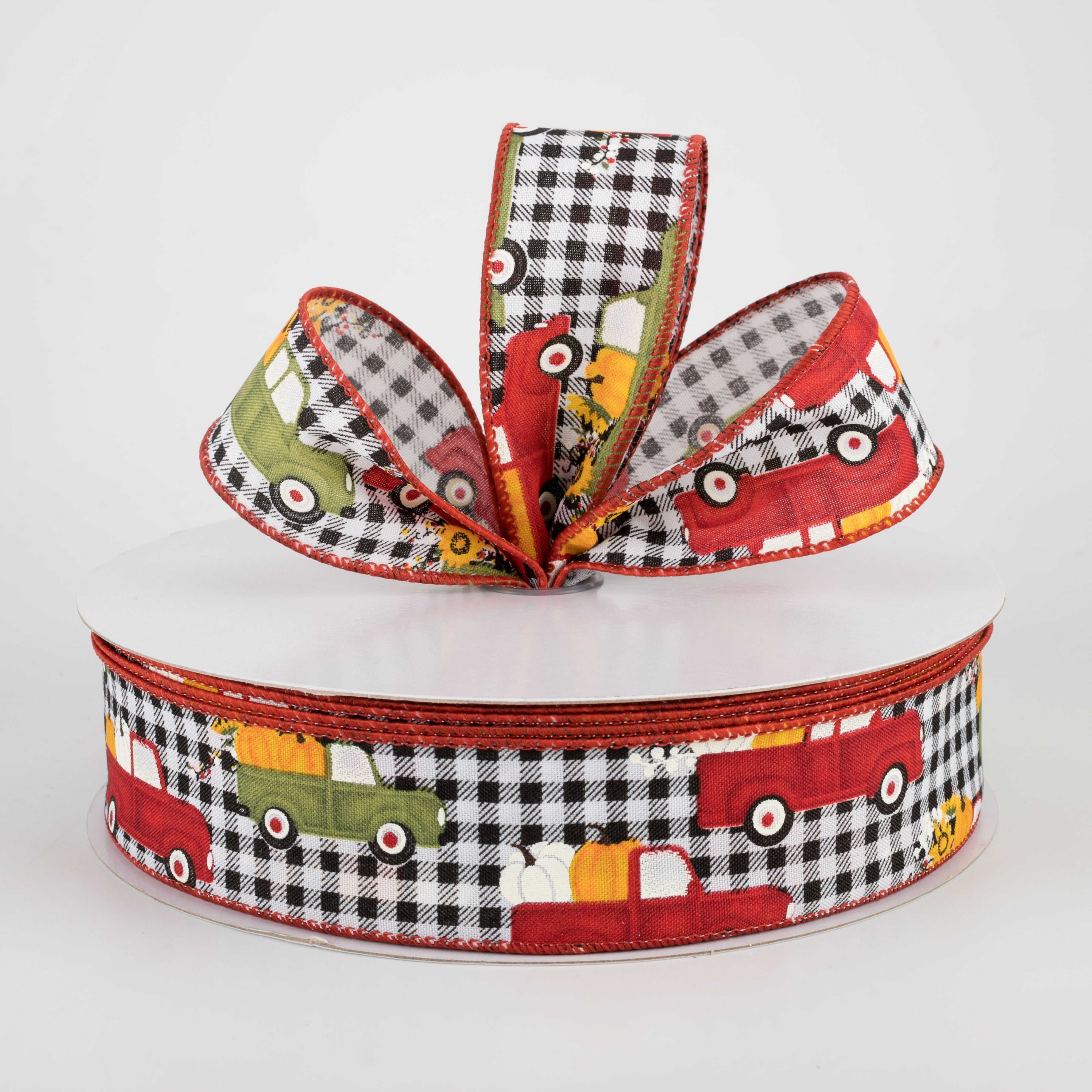 1.5" Black & White Buffalo Plaid Pumpkin Truck Ribbon (50 Yards) Lifestyle Photo