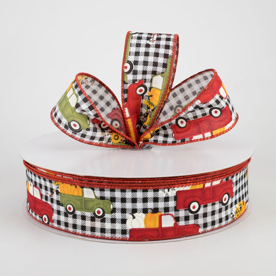 1.5" Black & White Buffalo Plaid Pumpkin Truck Ribbon (50 Yards) Lifestyle Photo