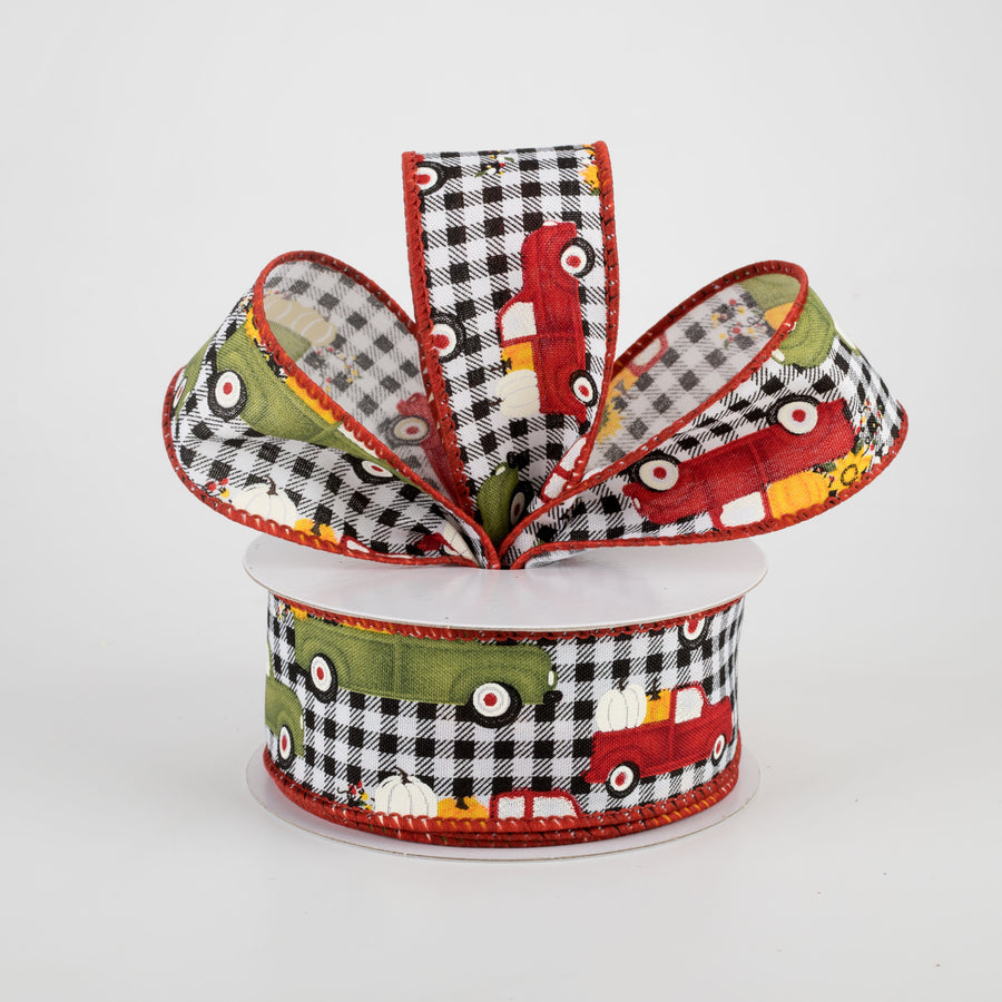 1.5" Black & White Buffalo Plaid Pumpkin Truck Ribbon (10 Yards) Lifestyle Photo