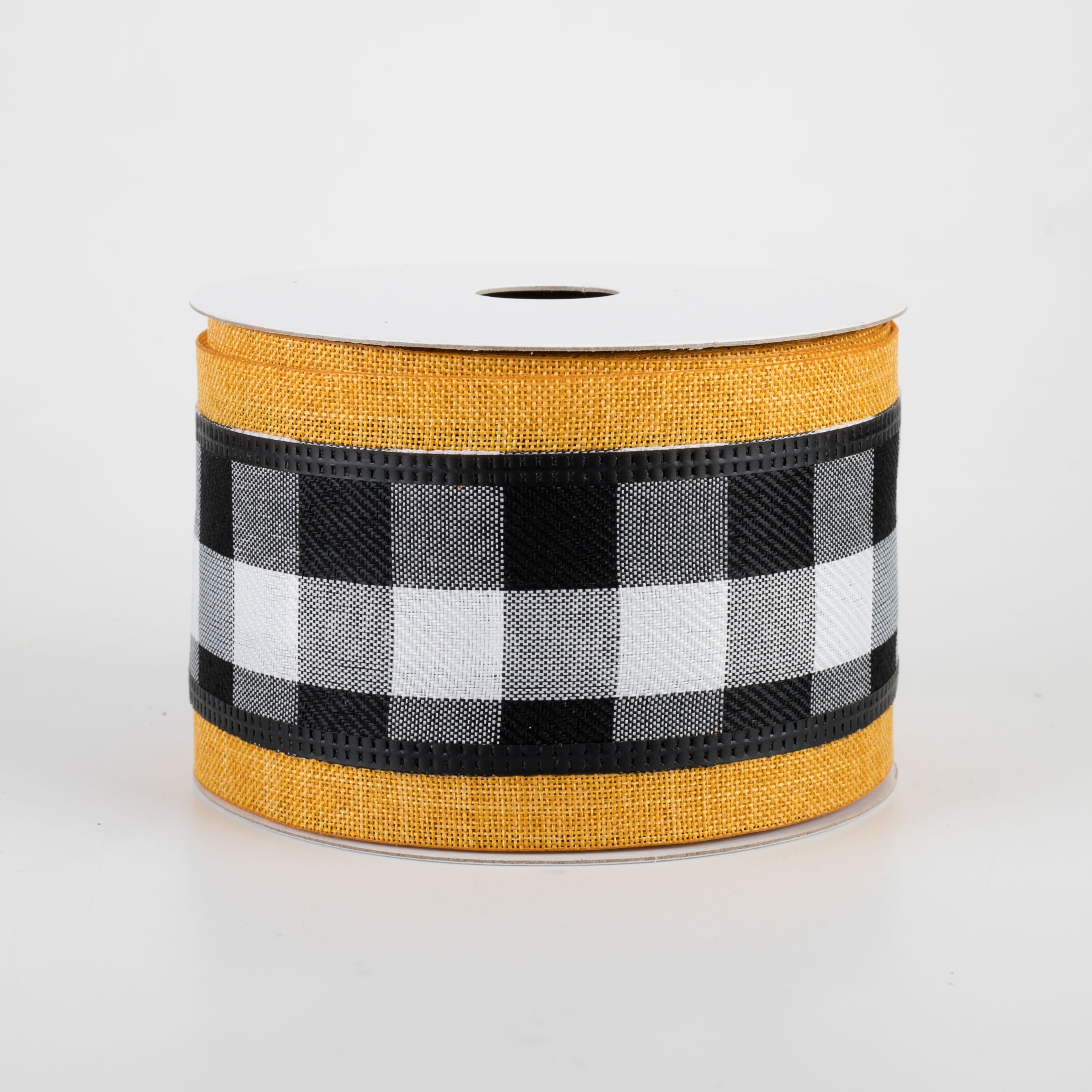 2.5" Black & White Buffalo Plaid Ribbon: Dark Yellow Edge (10 Yards)