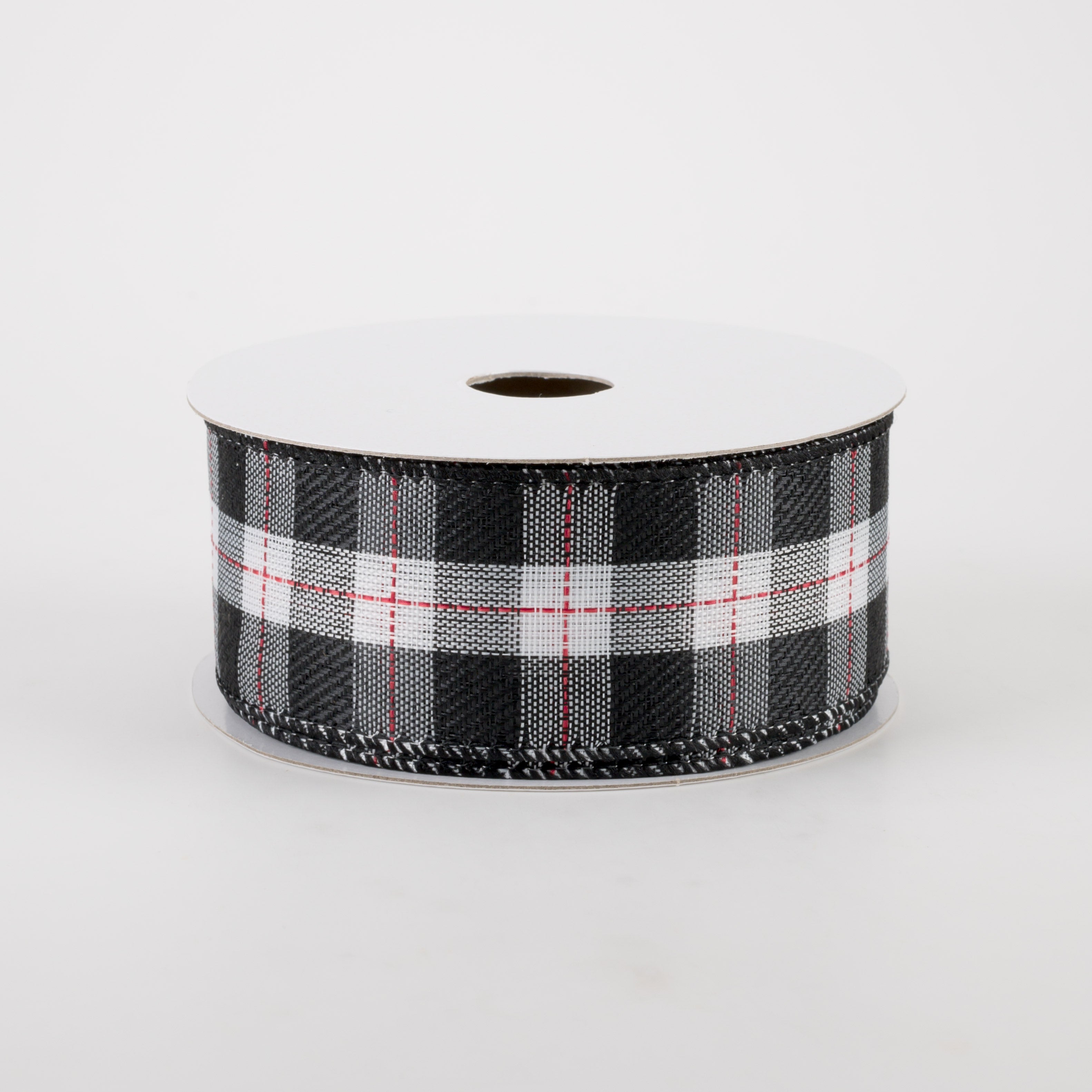 1.5" Black & White Buffalo Plaid Ribbon: Red Stitching (10 Yards) Item Number: 72136-09-01
