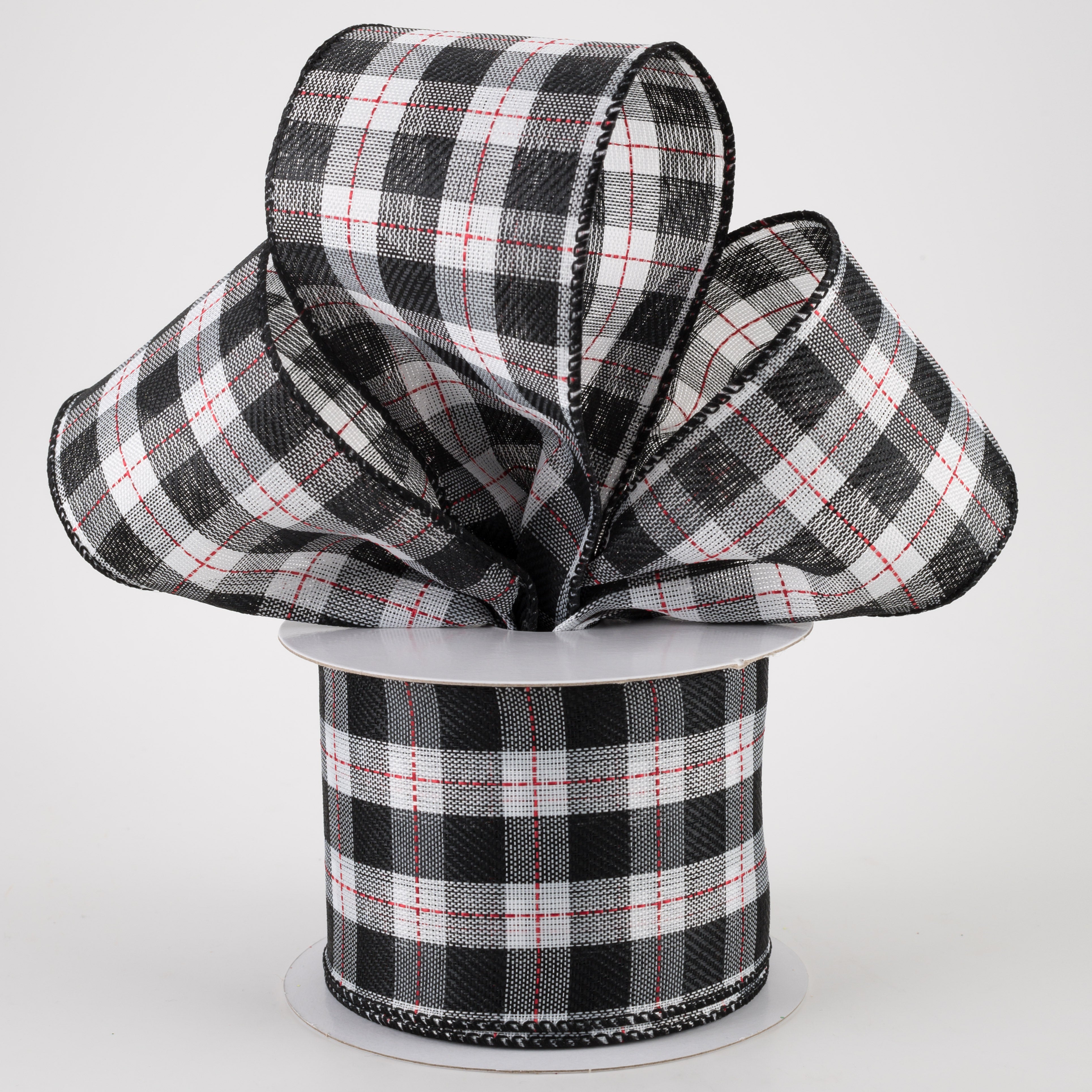 2.5" Black & White Buffalo Plaid Ribbon: Red Stitching (10 Yards) Lifestyle Photo