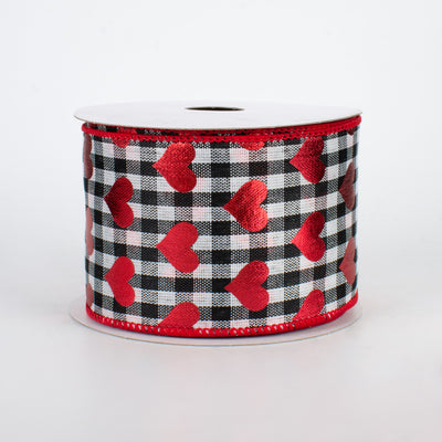2.5" Black & White Gingham Metallic Heart Ribbon (10 Yards)