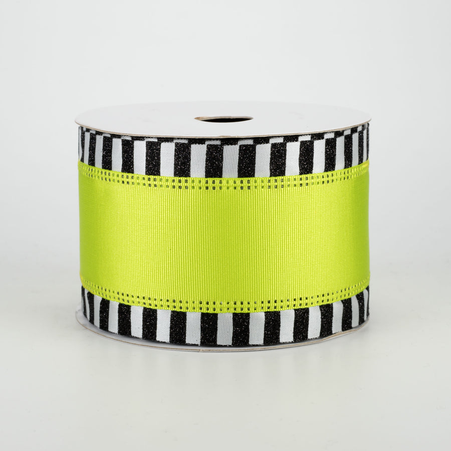 2.5" Black & White Glitter Edge Ribbon: Lime Green (10 Yards)