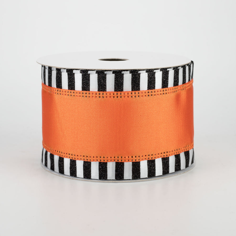 2.5" Black & White Glitter Edge Ribbon: Orange (10 Yards)