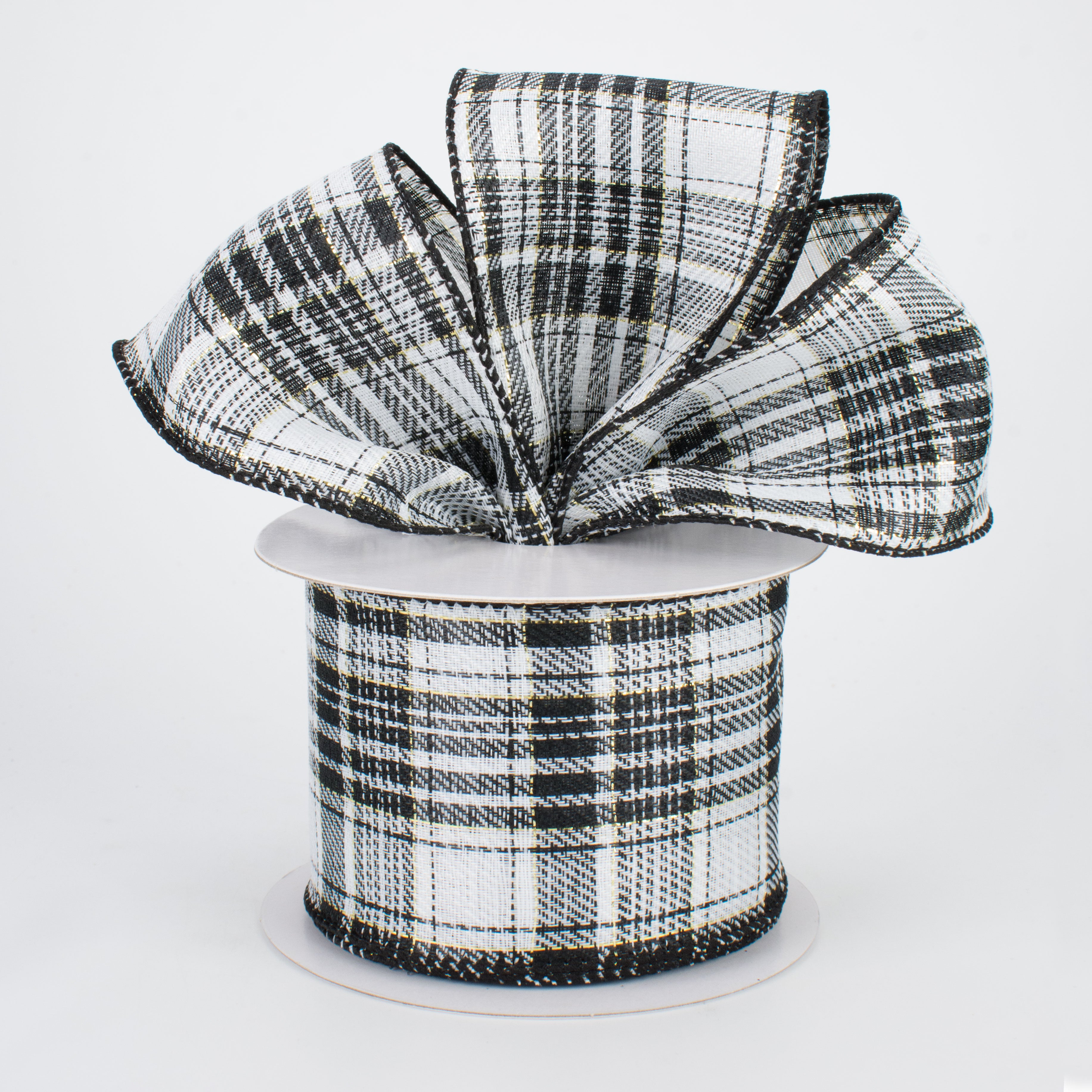 2.5" Black, White & Gold Plaid with Foil Ribbon (10 Yards) Lifestyle Photo