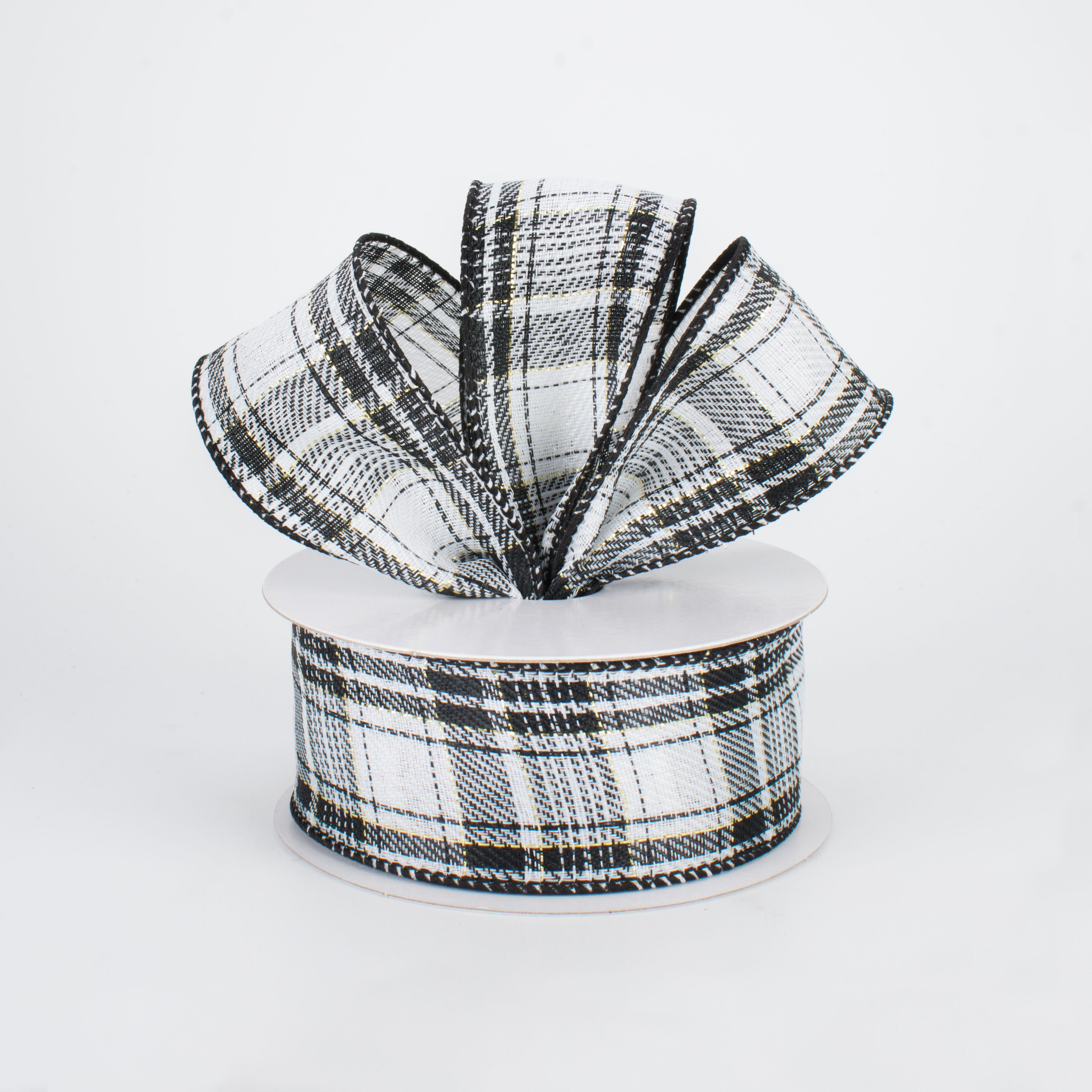 1.5" Black, White & Gold Plaid with Foil Ribbon (10 Yards) Lifestyle Photo