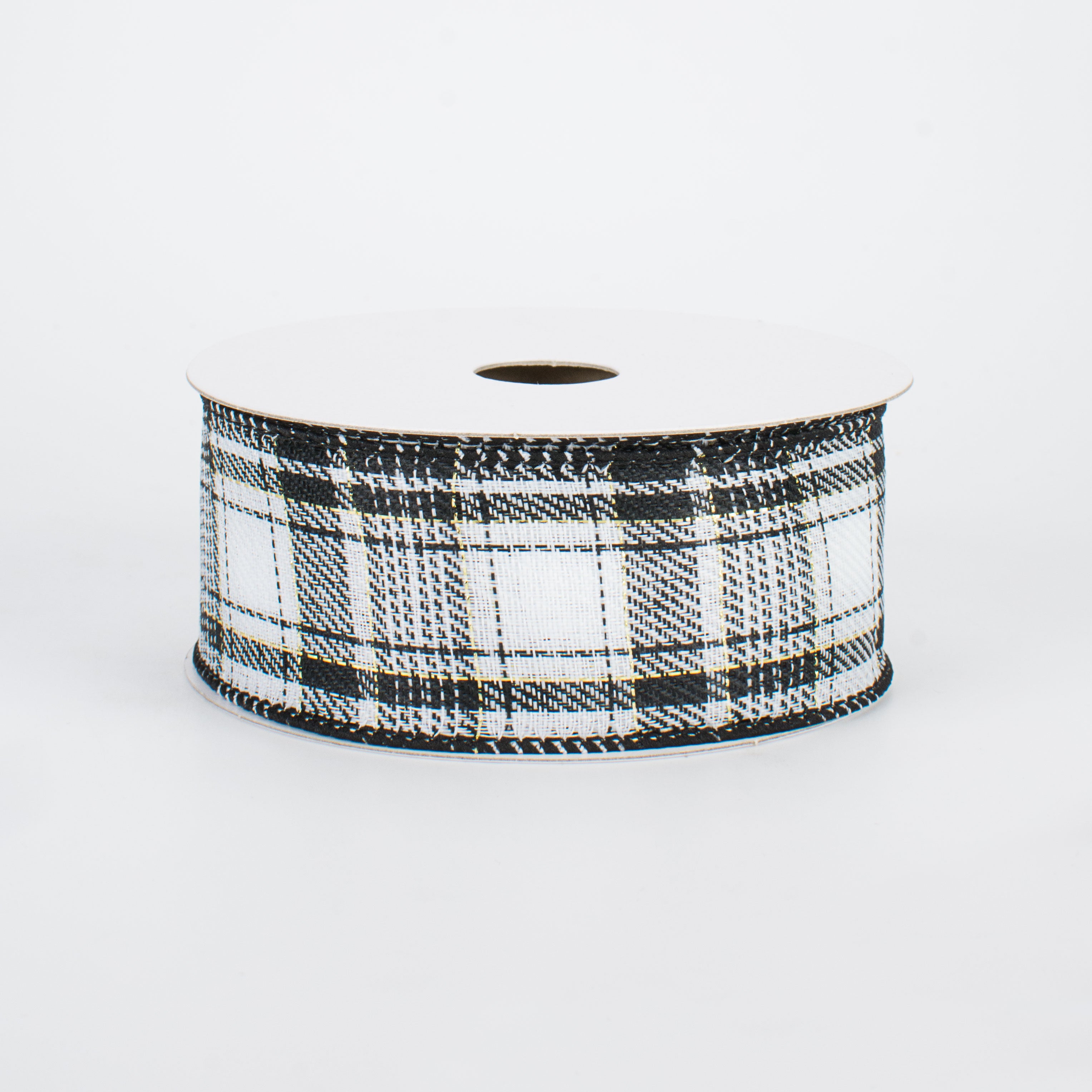 1.5" Black, White & Gold Plaid with Foil Ribbon (10 Yards)