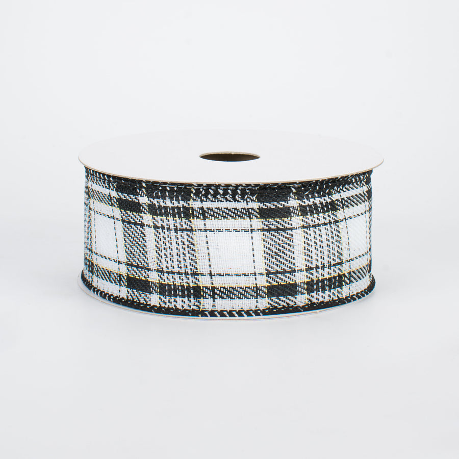 1.5" Black, White & Gold Plaid with Foil Ribbon (10 Yards)