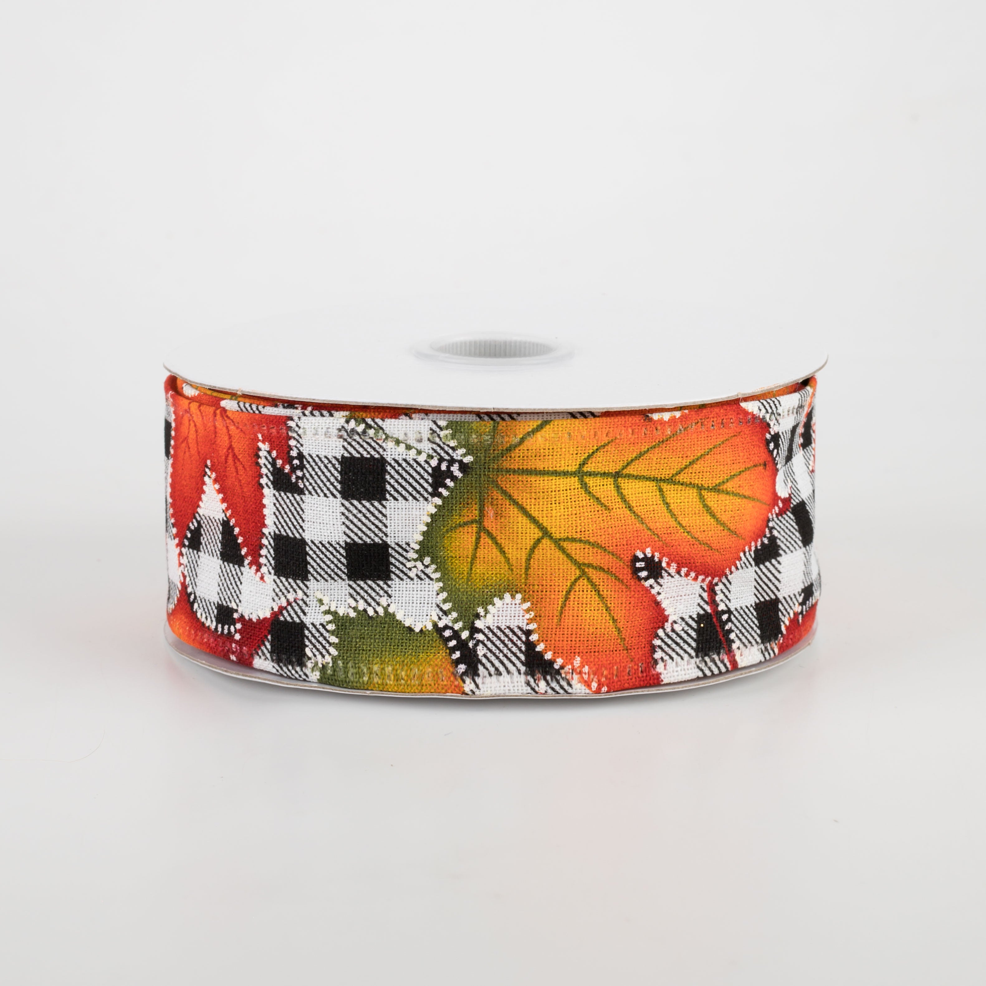 1.5" Black & White Plaid Early Fall Leaves Ribbon (10 Yards)