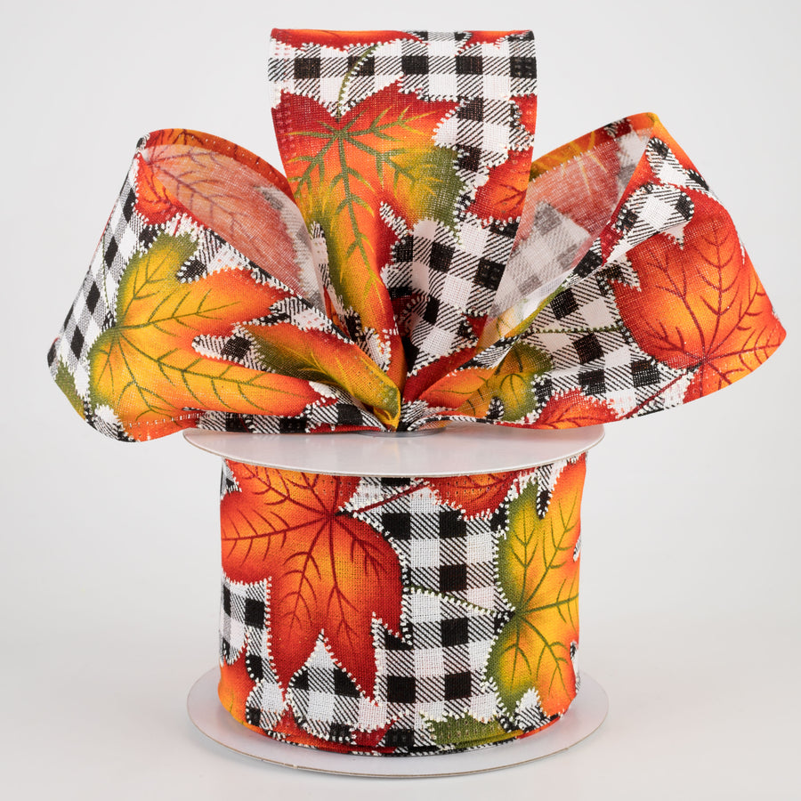 2.5" Black & White Plaid Early Fall Leaves Ribbon (10 Yards) Lifestyle Photo