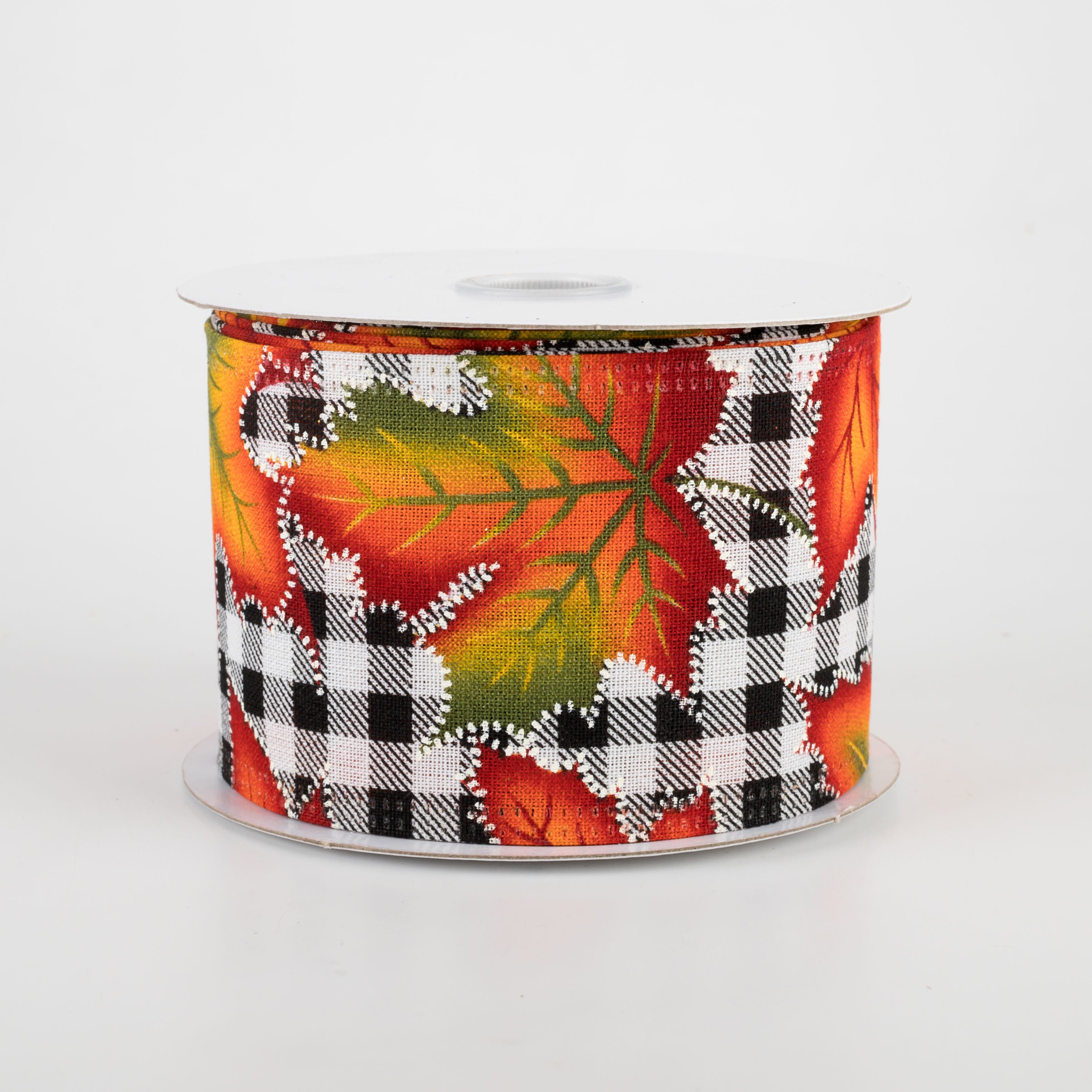 2.5" Black & White Plaid Early Fall Leaves Ribbon (10 Yards)