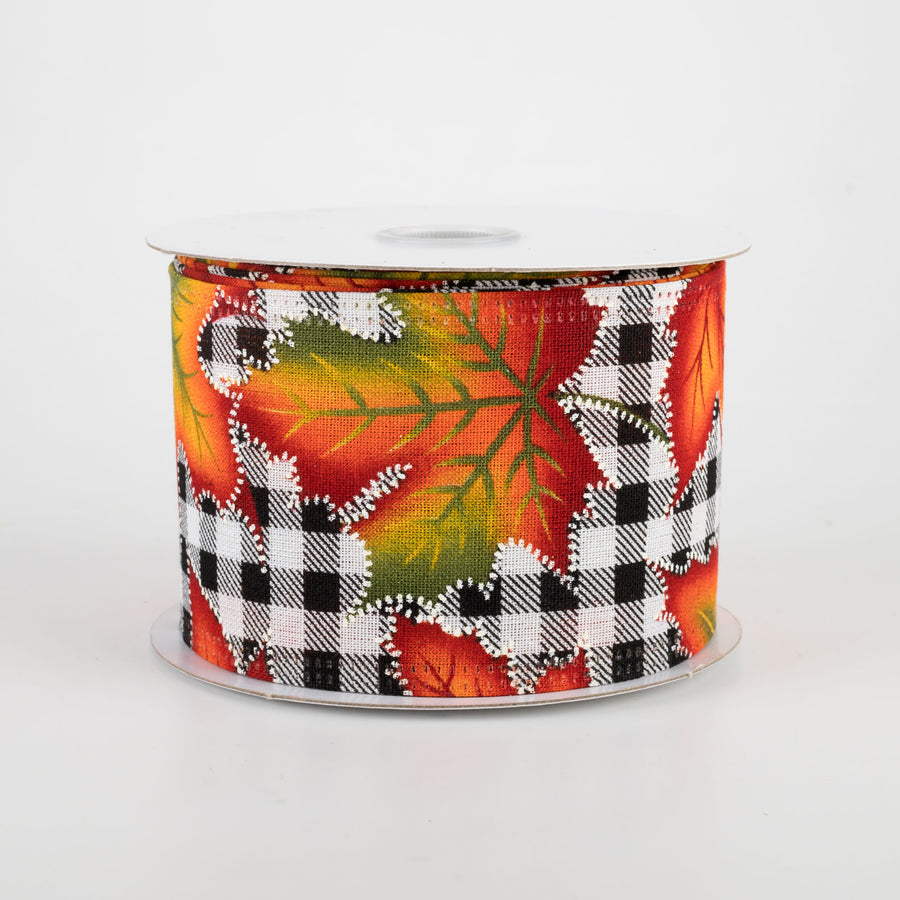 2.5" Black & White Plaid Early Fall Leaves Ribbon (10 Yards)
